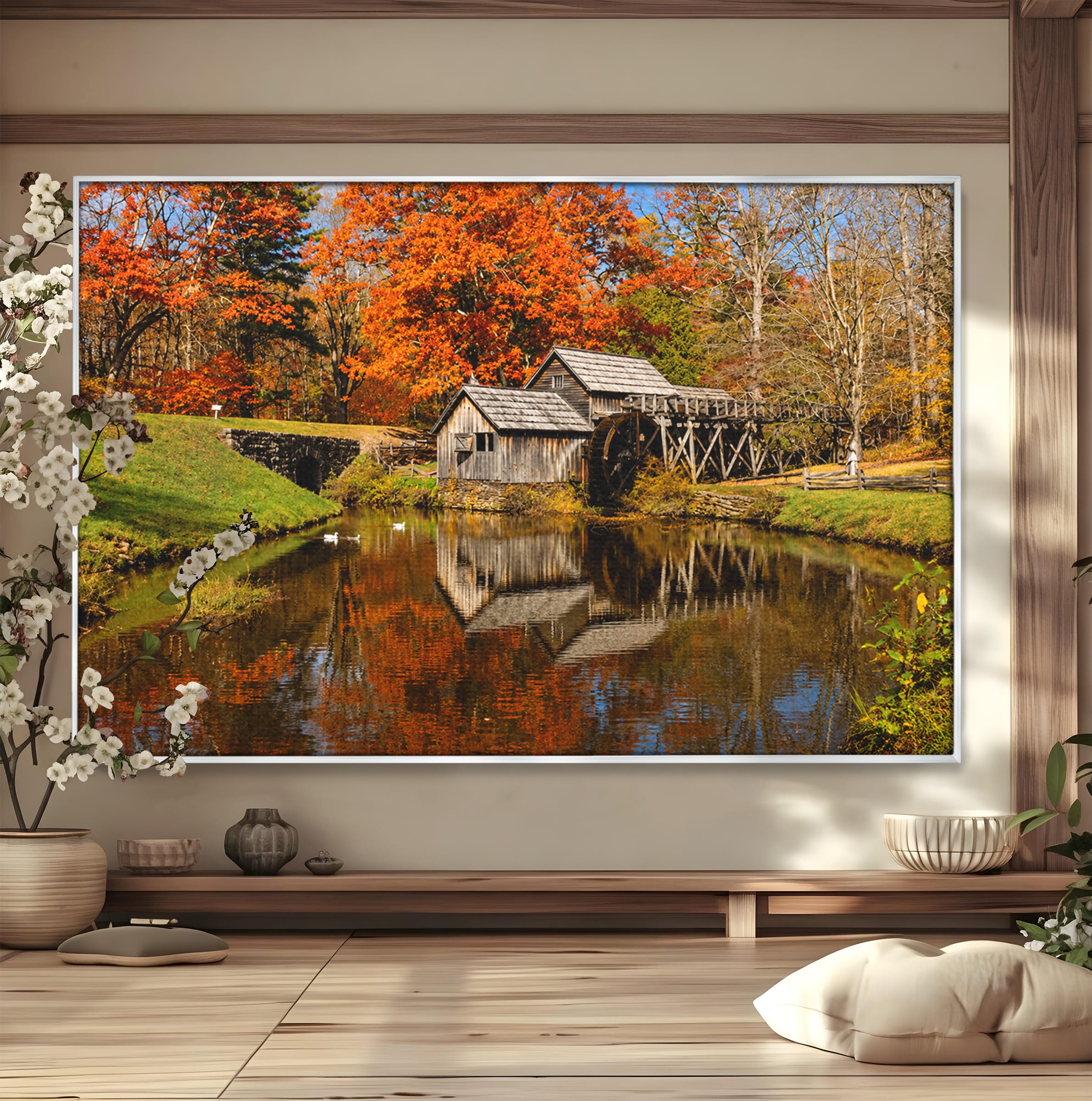 Tablou Canvas Premium LuxCanva® A1744, Moara De Toamna, Moara, Toamna, Natura, Reflexie, Living, Culori Vibrante