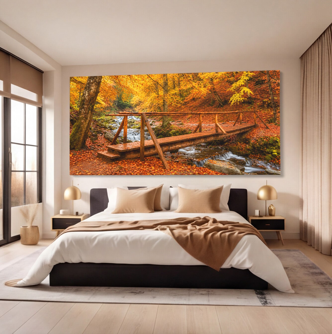 Tablou Canvas Premium LuxCanva® A1745, Pod Peste Rau Toamna, Pod, Rau, Toamna, Natura, Living, Peisaj, Culori Vibrante