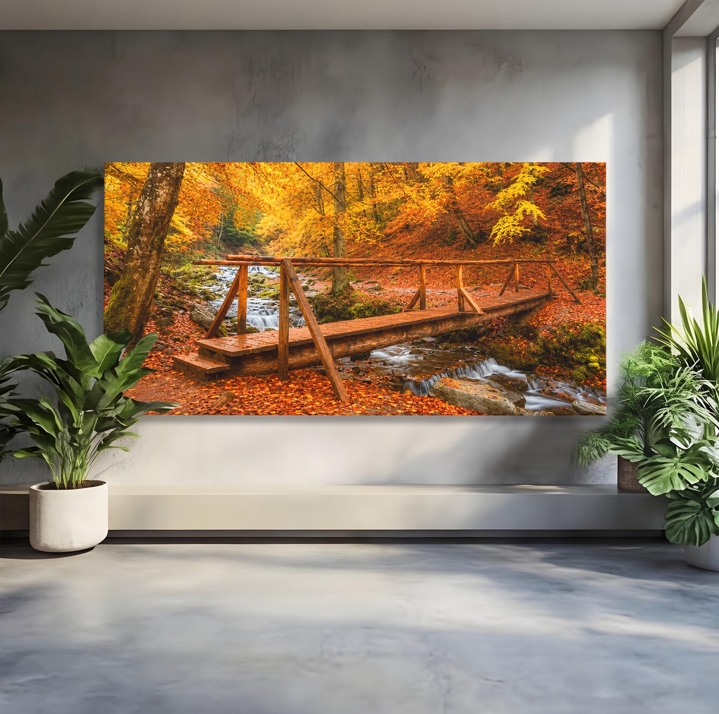 Tablou Canvas Premium LuxCanva® A1745, Pod Peste Rau Toamna, Pod, Rau, Toamna, Natura, Living, Peisaj, Culori Vibrante