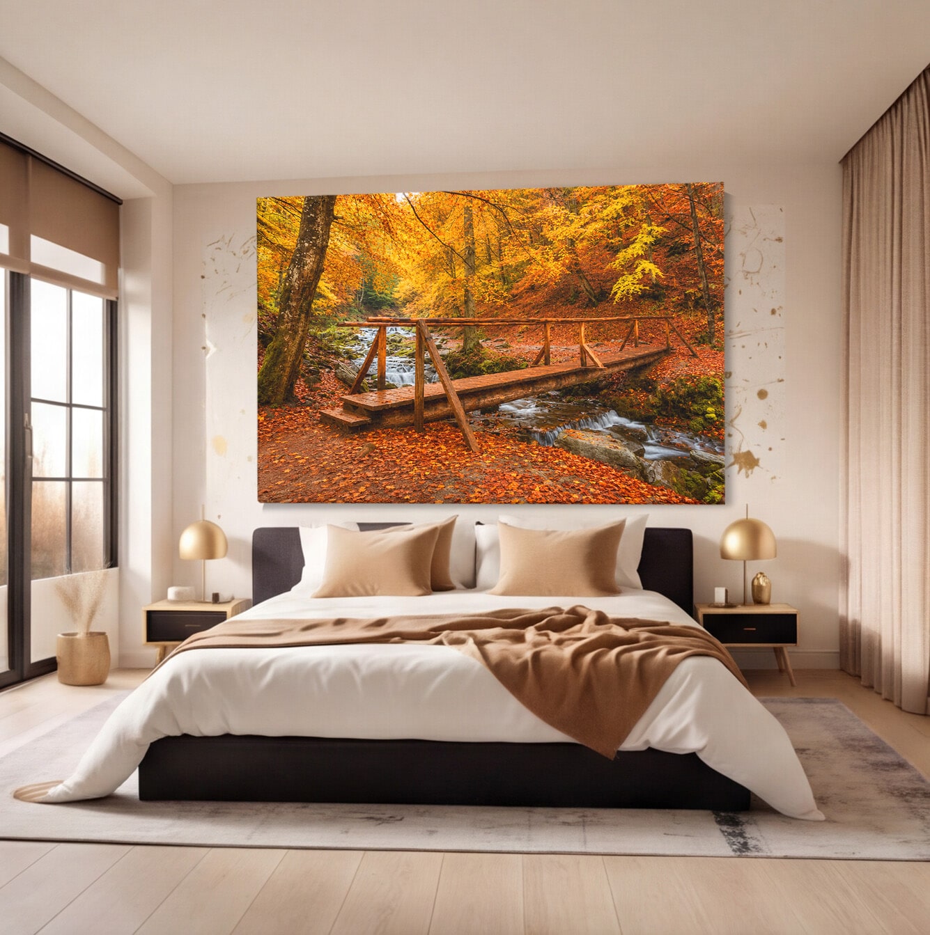 Tablou Canvas Premium LuxCanva® A1745, Pod Peste Rau Toamna, Pod, Rau, Toamna, Natura, Living, Peisaj, Culori Vibrante