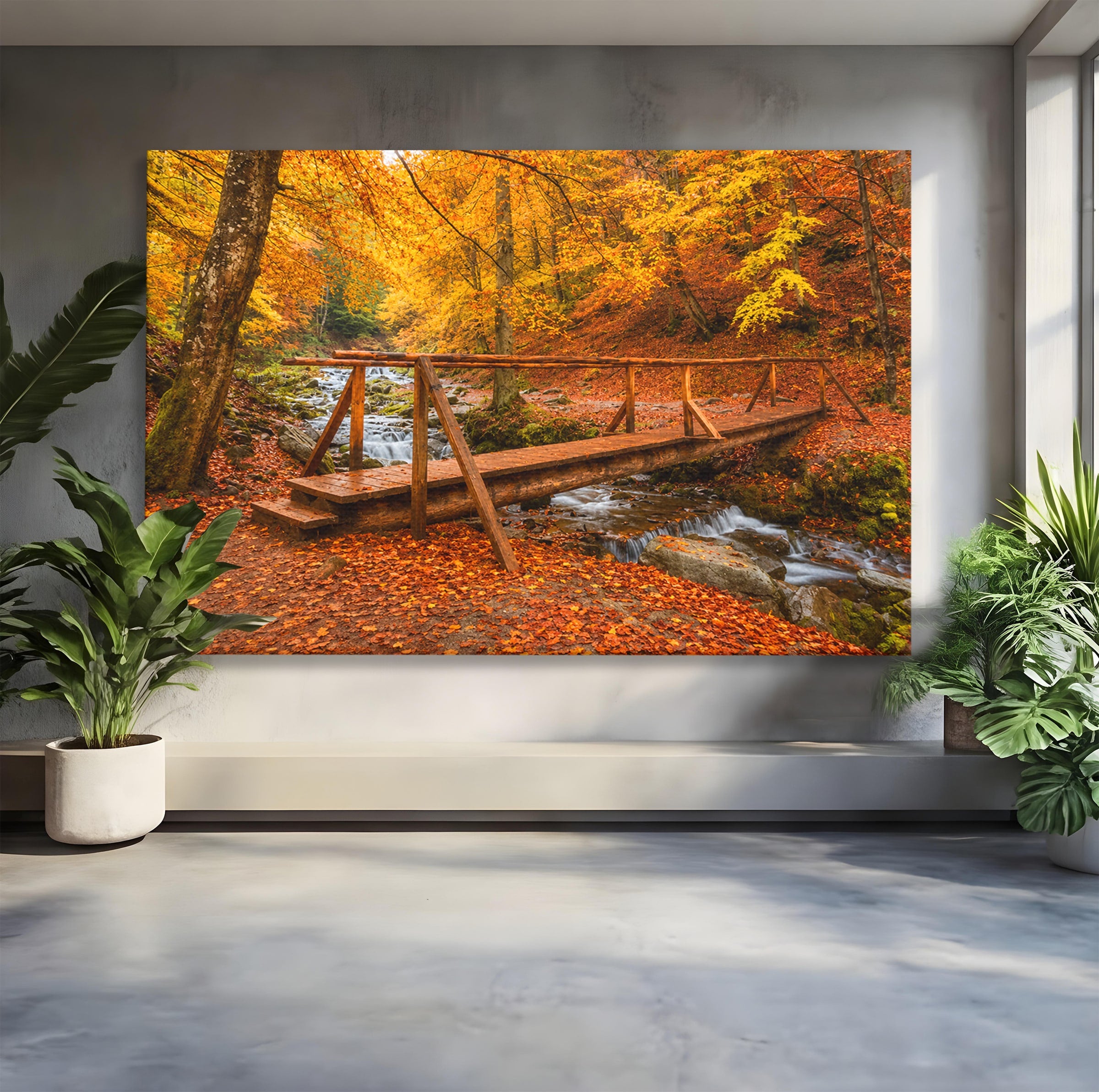 Tablou Canvas Premium LuxCanva® A1745, Pod Peste Rau Toamna, Pod, Rau, Toamna, Natura, Living, Peisaj, Culori Vibrante