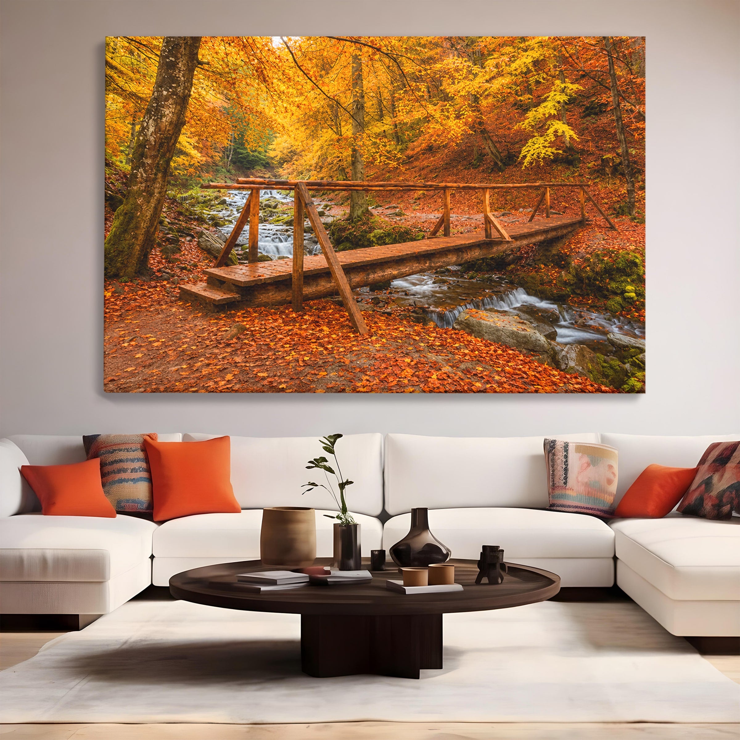 Tablou Canvas Premium LuxCanva® A1745, Pod Peste Rau Toamna, Pod, Rau, Toamna, Natura, Living, Peisaj, Culori Vibrante