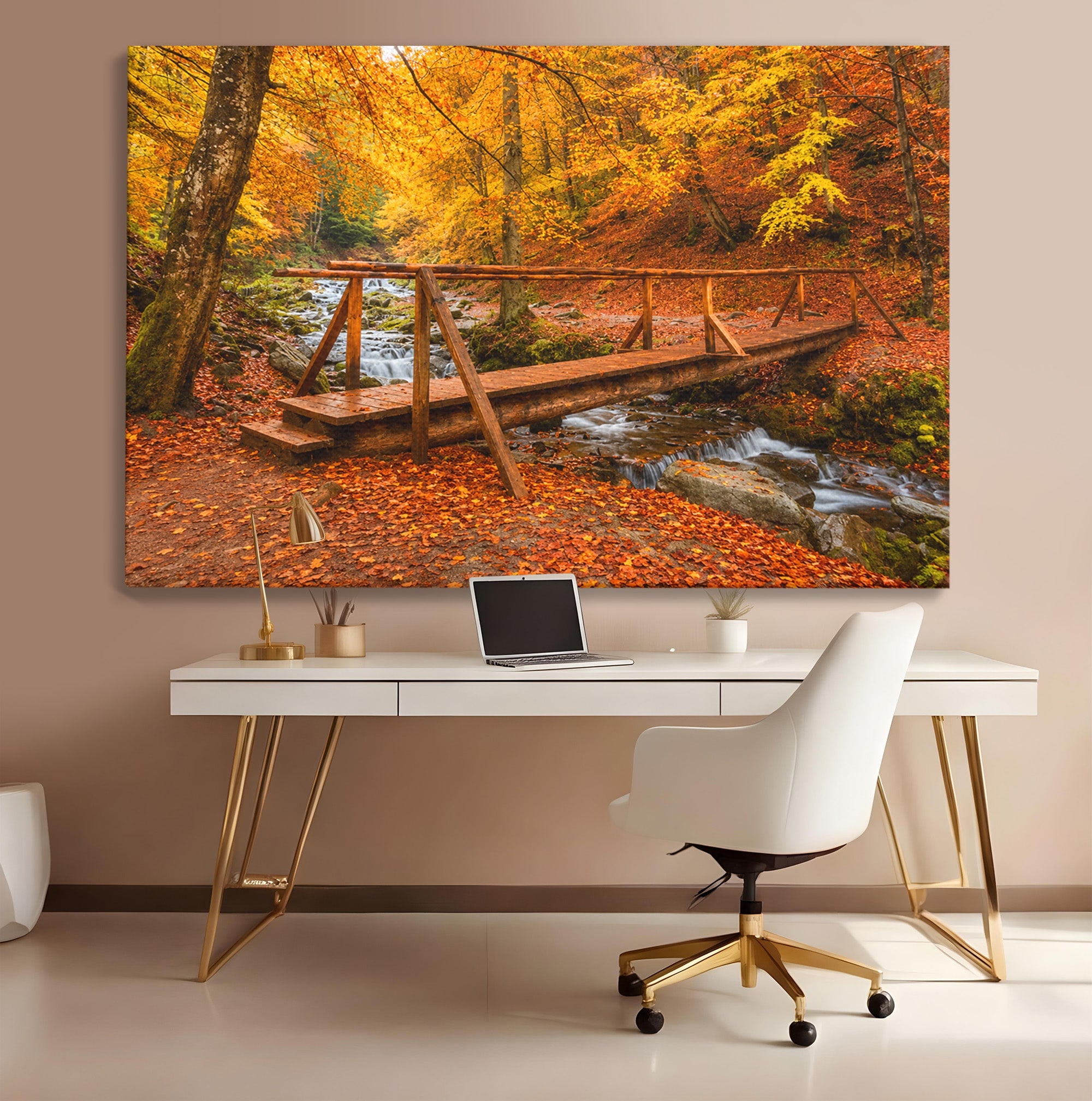 Tablou Canvas Premium LuxCanva® A1745, Pod Peste Rau Toamna, Pod, Rau, Toamna, Natura, Living, Peisaj, Culori Vibrante