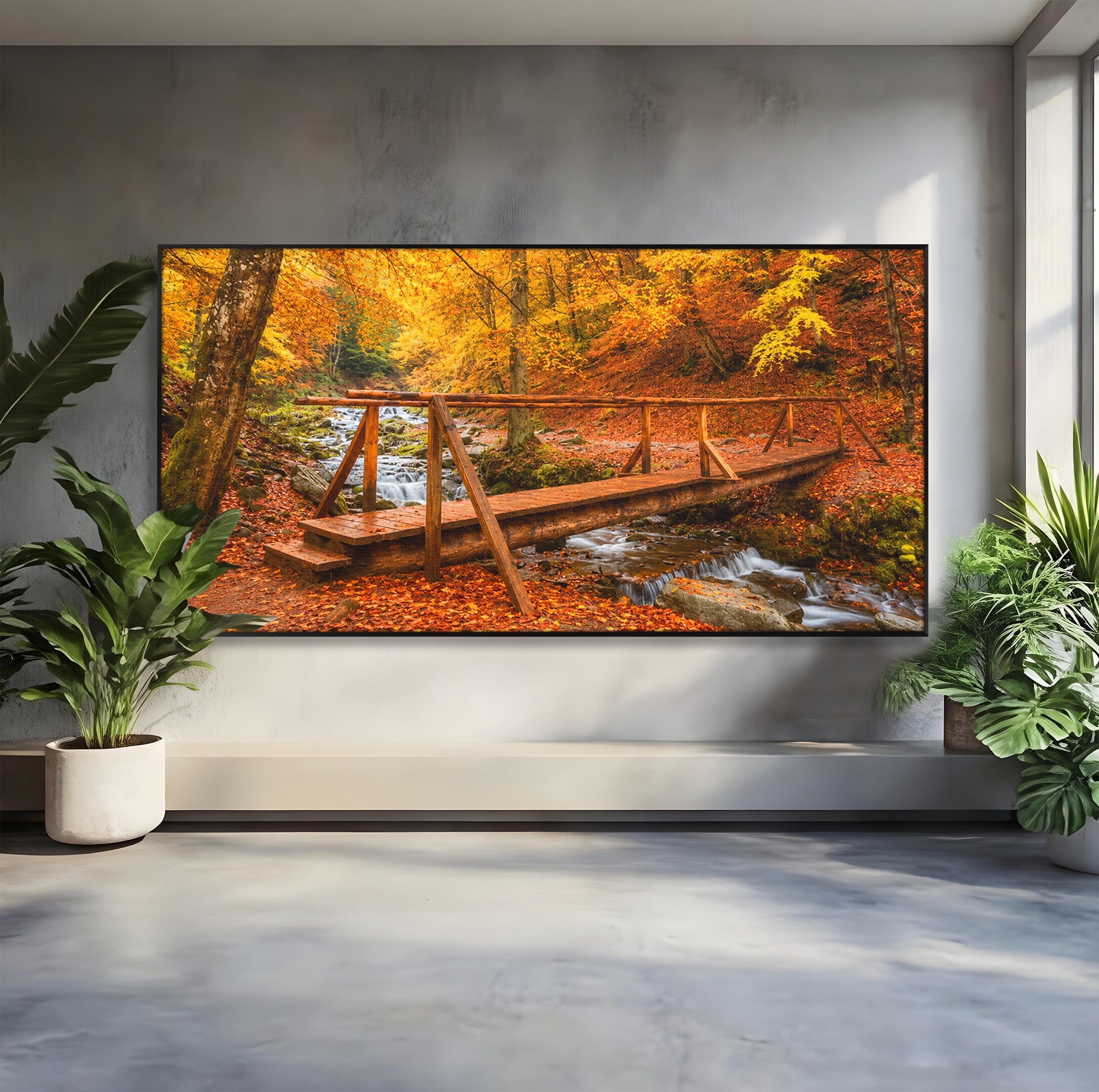 Tablou Canvas Premium LuxCanva® A1745, Pod Peste Rau Toamna, Pod, Rau, Toamna, Natura, Living, Peisaj, Culori Vibrante