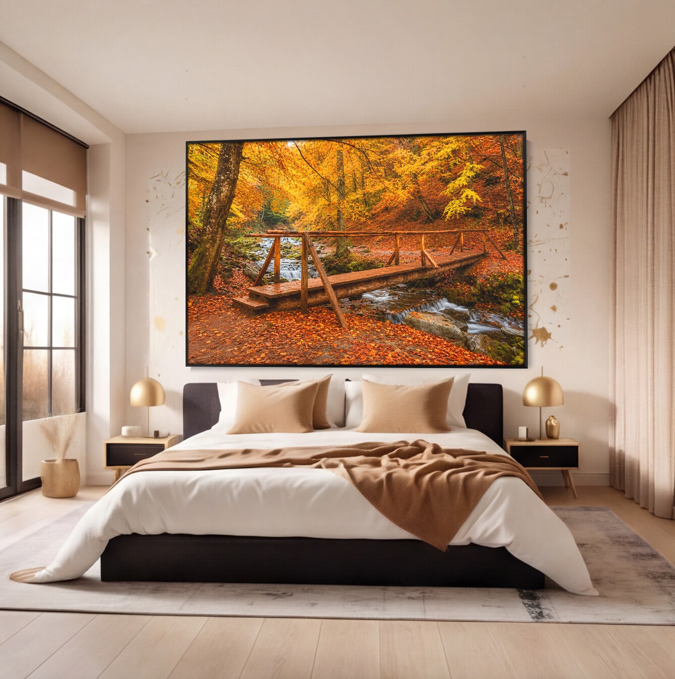 Tablou Canvas Premium LuxCanva® A1745, Pod Peste Rau Toamna, Pod, Rau, Toamna, Natura, Living, Peisaj, Culori Vibrante