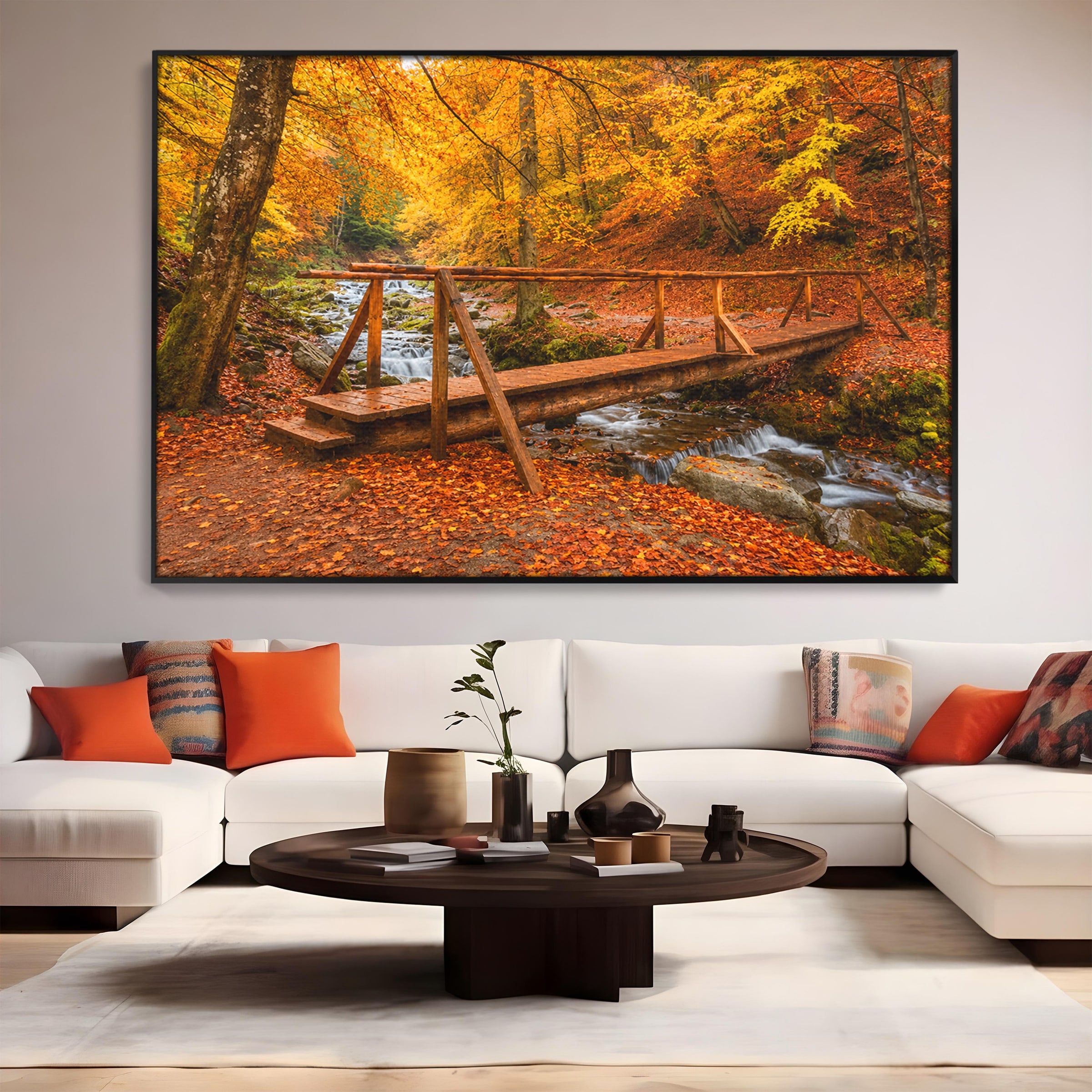 Tablou Canvas Premium LuxCanva® A1745, Pod Peste Rau Toamna, Pod, Rau, Toamna, Natura, Living, Peisaj, Culori Vibrante