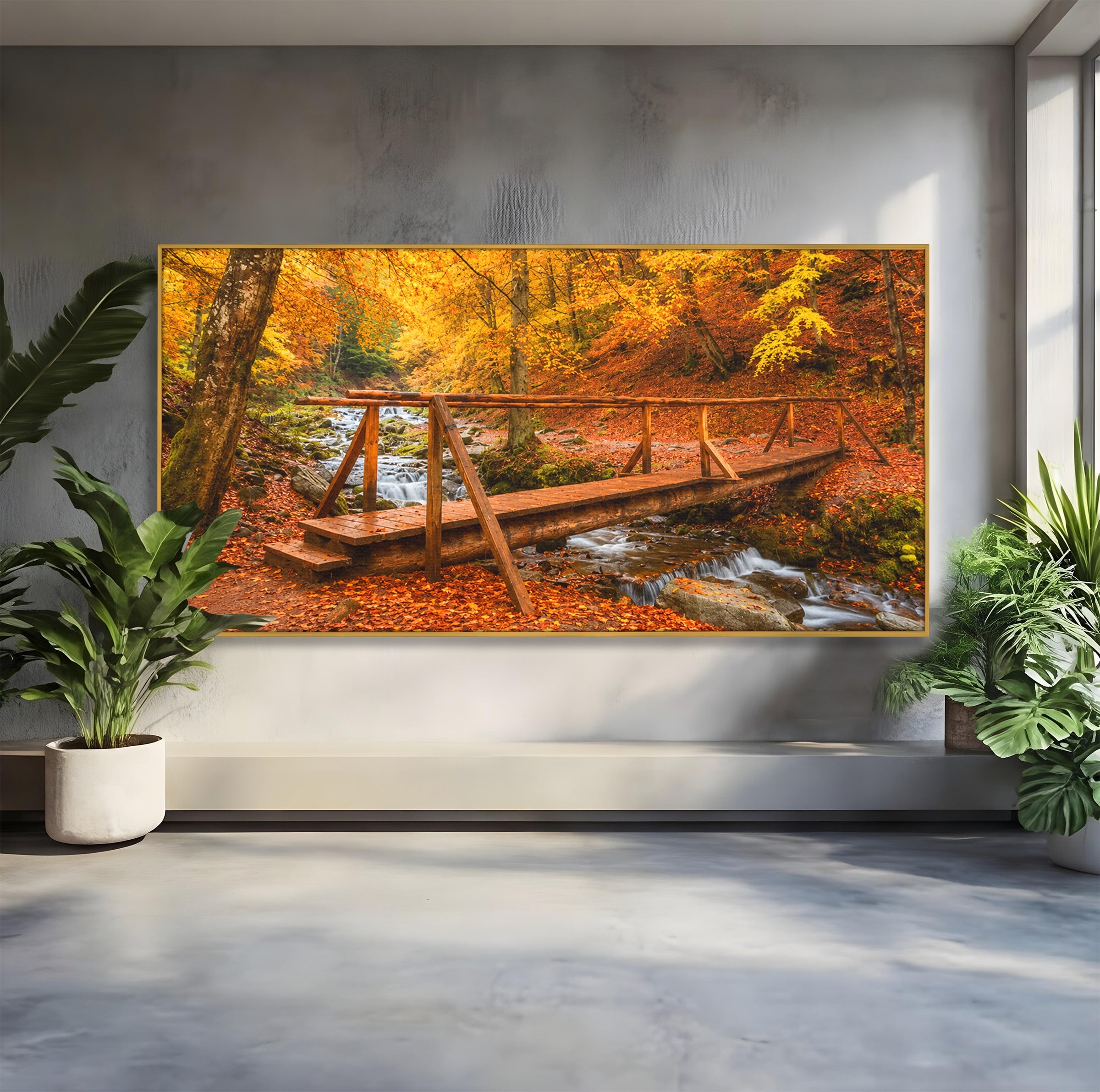 Tablou Canvas Premium LuxCanva® A1745, Pod Peste Rau Toamna, Pod, Rau, Toamna, Natura, Living, Peisaj, Culori Vibrante