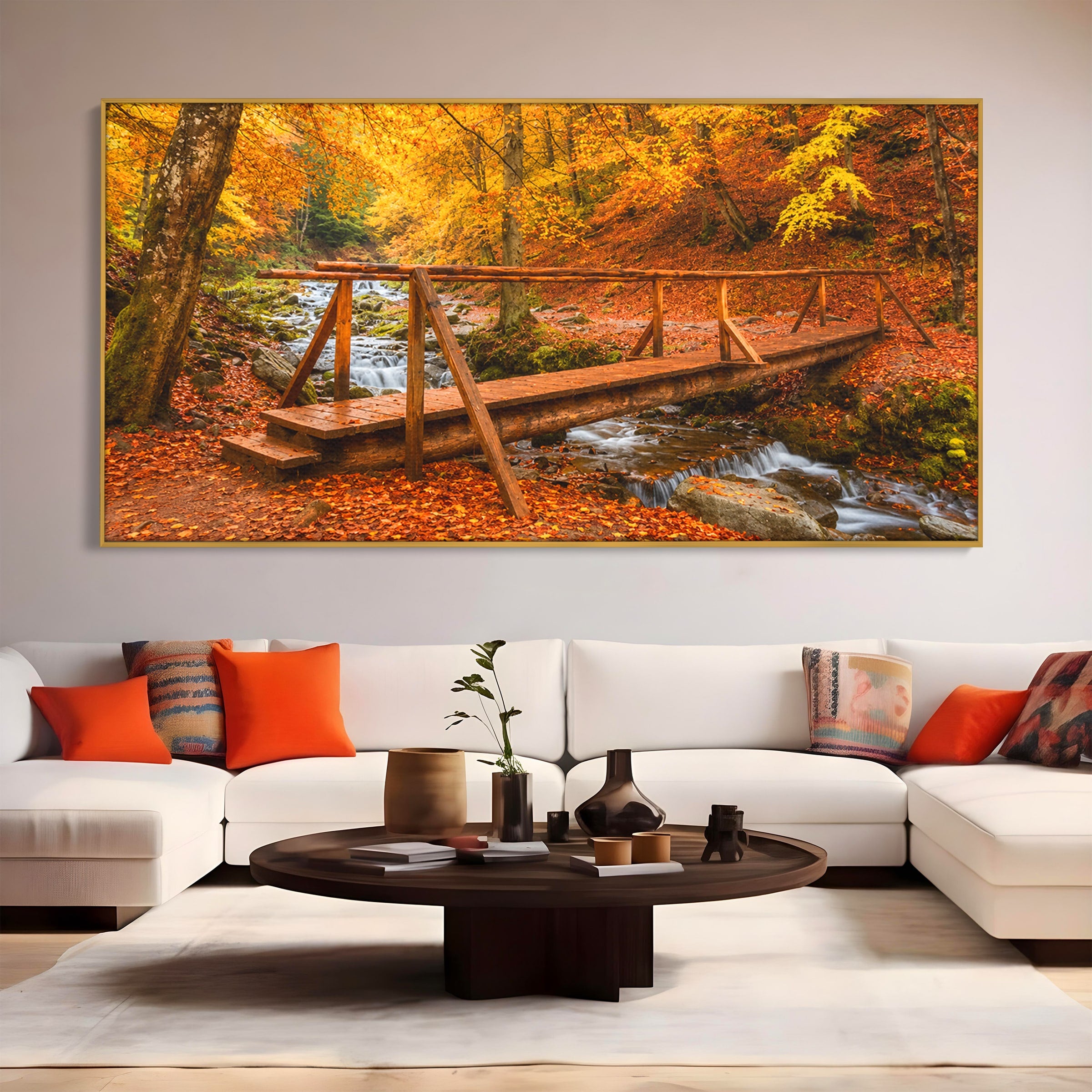 Tablou Canvas Premium LuxCanva® A1745, Pod Peste Rau Toamna, Pod, Rau, Toamna, Natura, Living, Peisaj, Culori Vibrante