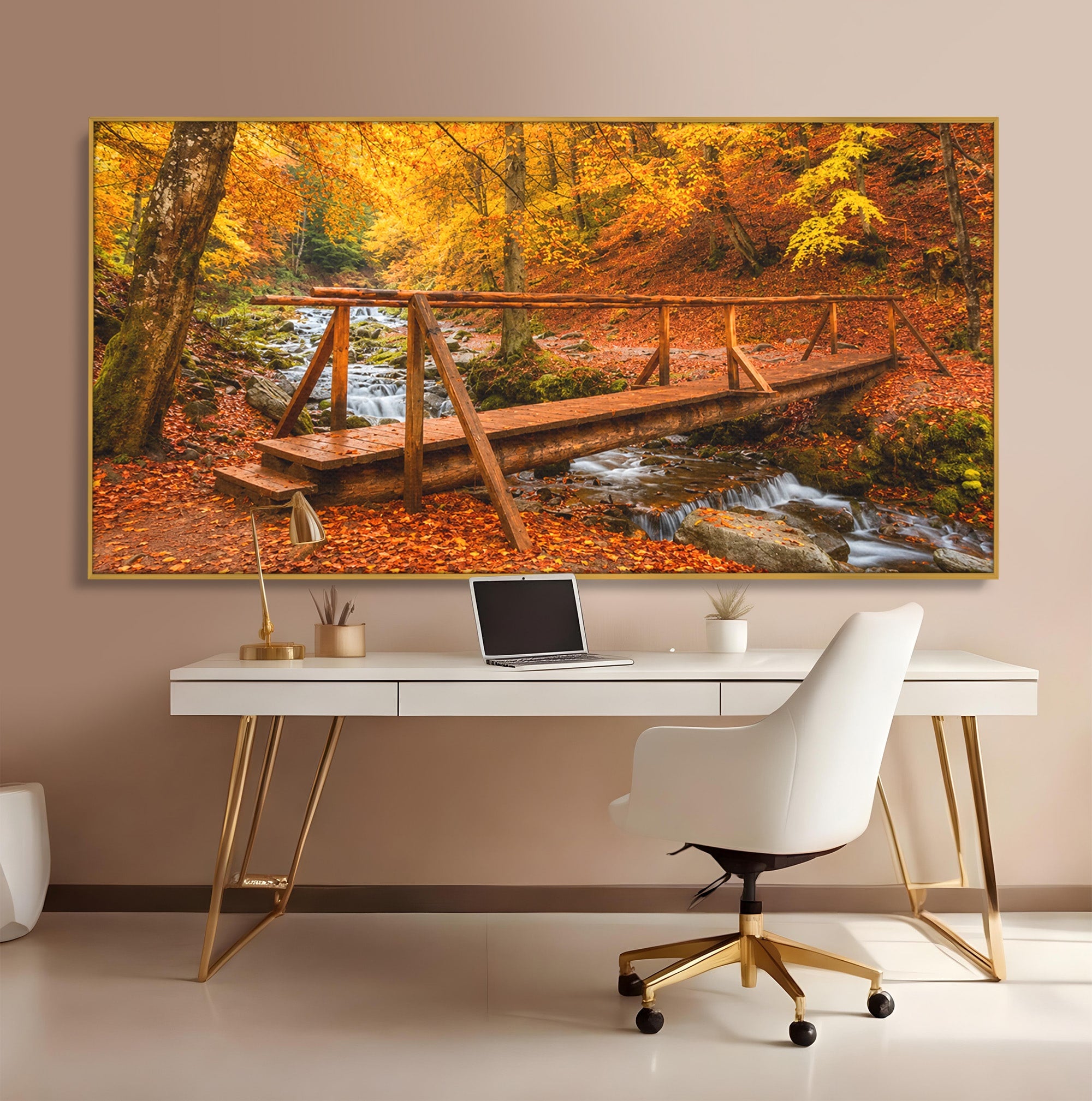 Tablou Canvas Premium LuxCanva® A1745, Pod Peste Rau Toamna, Pod, Rau, Toamna, Natura, Living, Peisaj, Culori Vibrante
