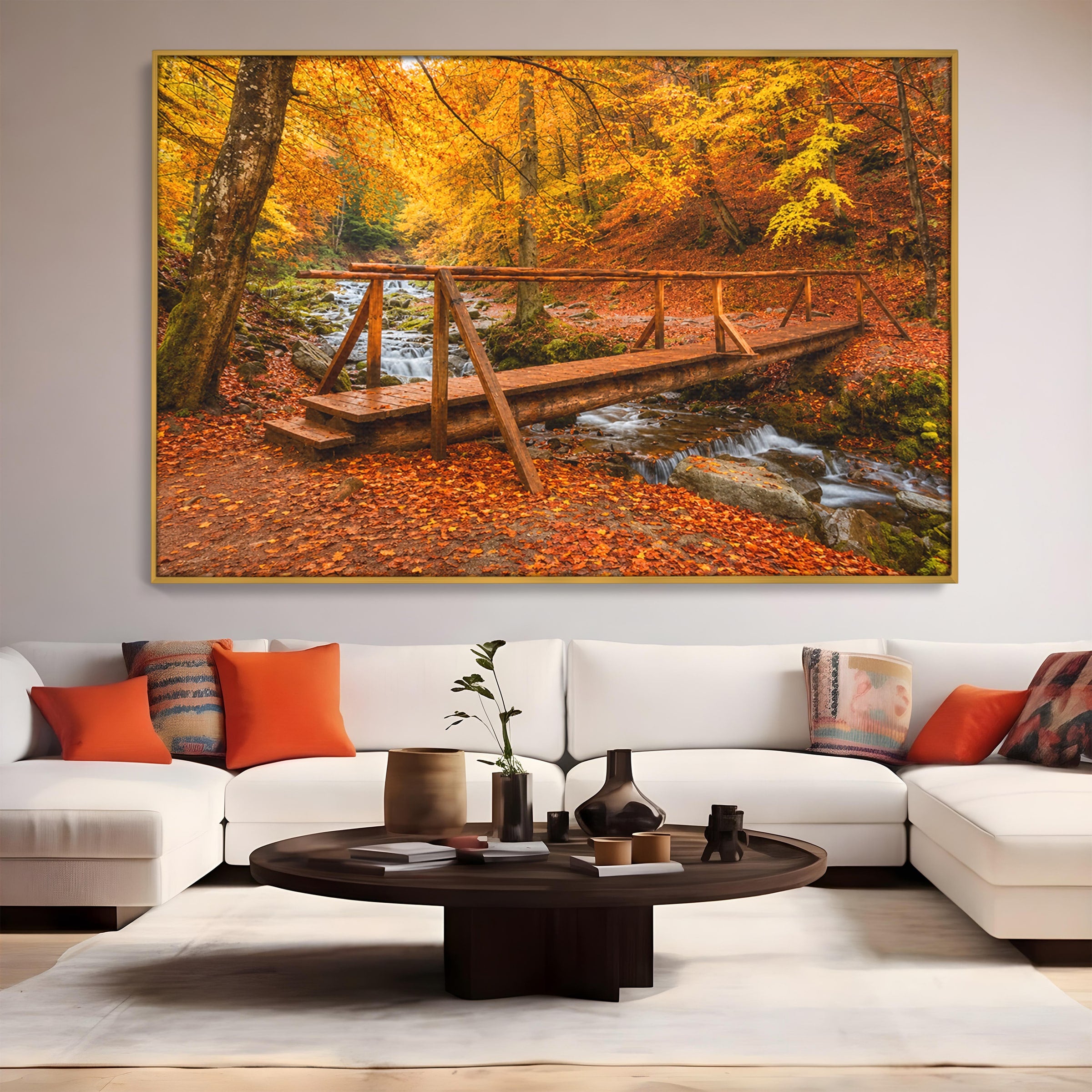 Tablou Canvas Premium LuxCanva® A1745, Pod Peste Rau Toamna, Pod, Rau, Toamna, Natura, Living, Peisaj, Culori Vibrante