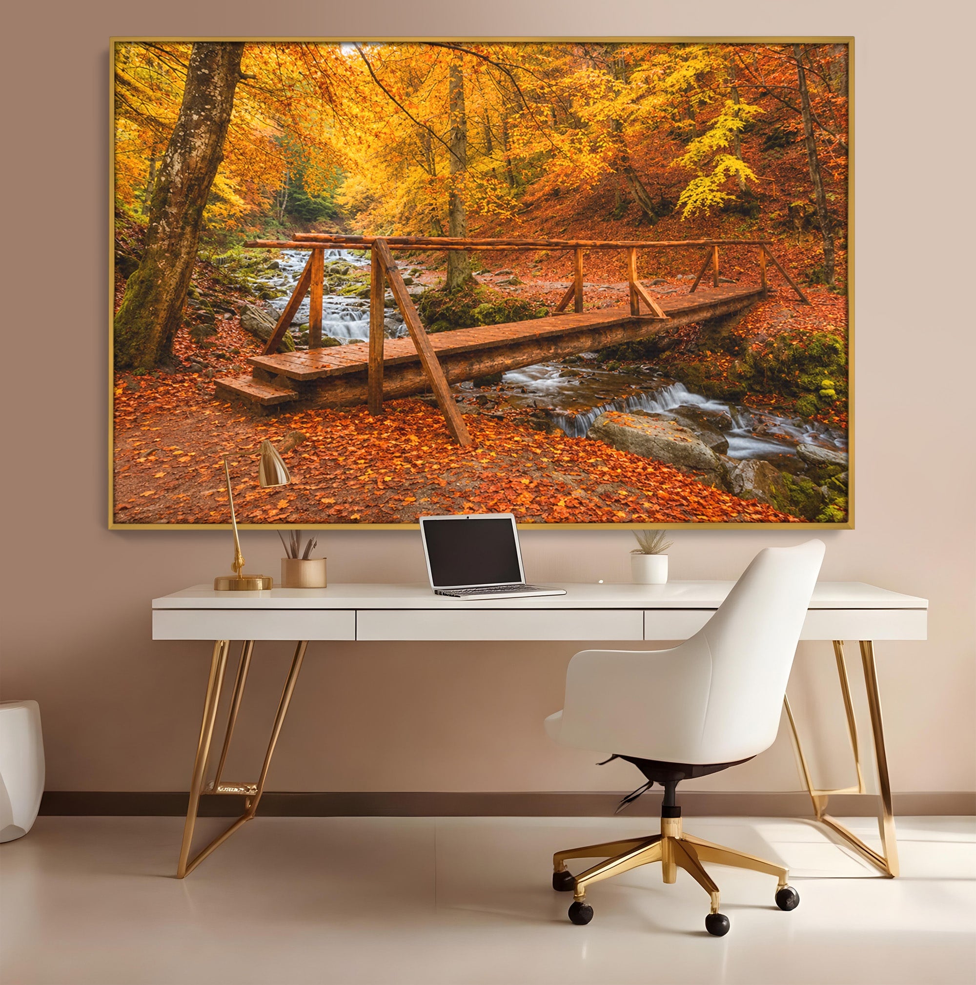 Tablou Canvas Premium LuxCanva® A1745, Pod Peste Rau Toamna, Pod, Rau, Toamna, Natura, Living, Peisaj, Culori Vibrante