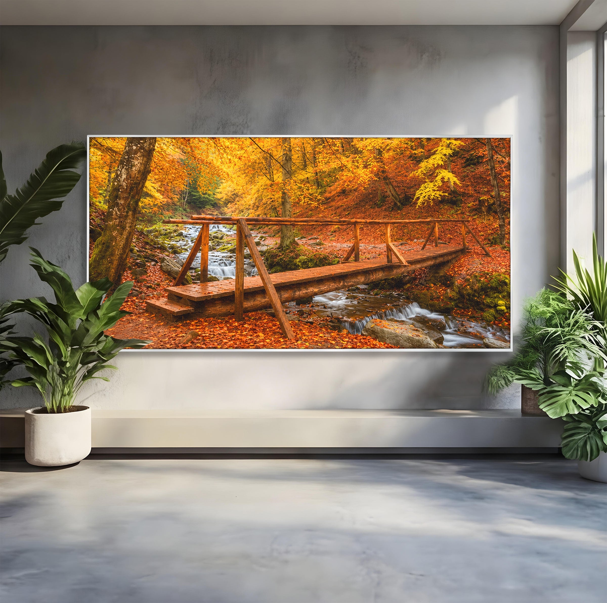 Tablou Canvas Premium LuxCanva® A1745, Pod Peste Rau Toamna, Pod, Rau, Toamna, Natura, Living, Peisaj, Culori Vibrante