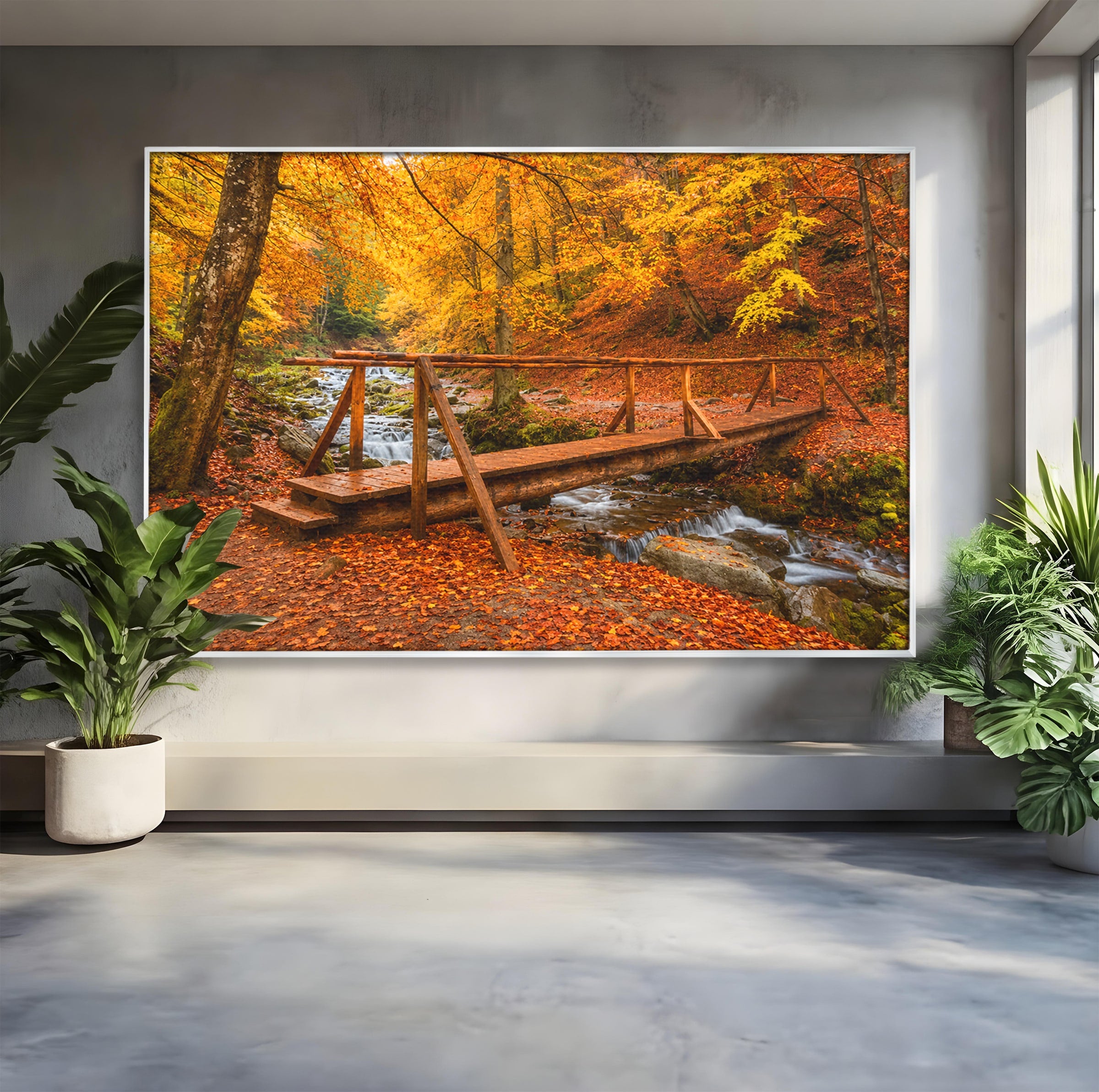 Tablou Canvas Premium LuxCanva® A1745, Pod Peste Rau Toamna, Pod, Rau, Toamna, Natura, Living, Peisaj, Culori Vibrante