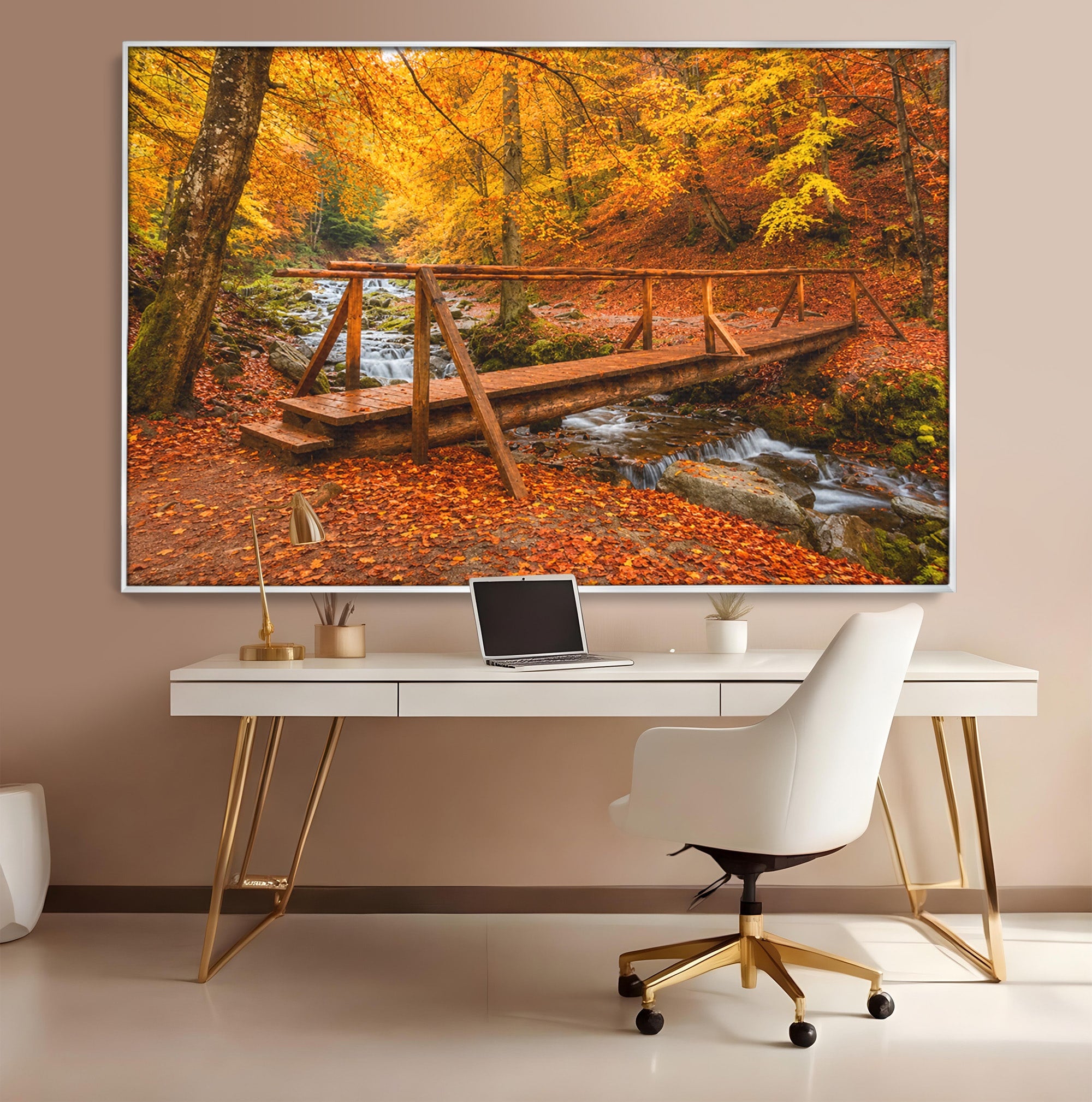 Tablou Canvas Premium LuxCanva® A1745, Pod Peste Rau Toamna, Pod, Rau, Toamna, Natura, Living, Peisaj, Culori Vibrante