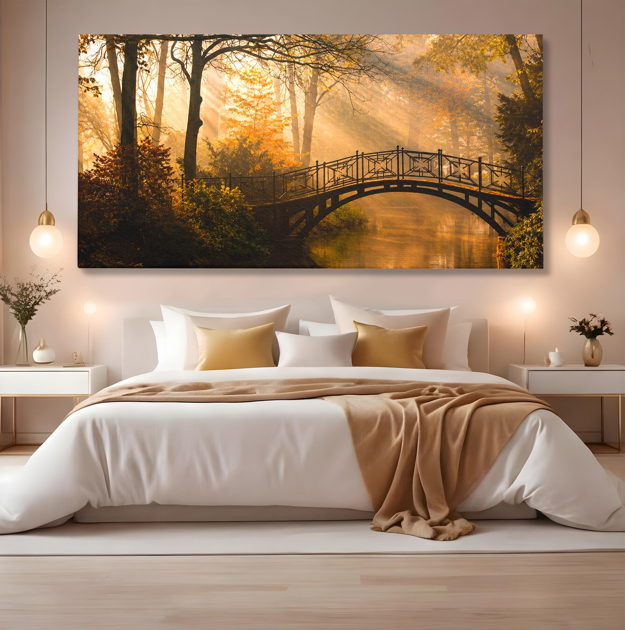 Tablou Canvas Premium LuxCanva® A1746, Pod Peste Râu In Padure, Pod, Rau, Padure, Peisaj, Toamna, Living, Dormitor, Culori Vibrante