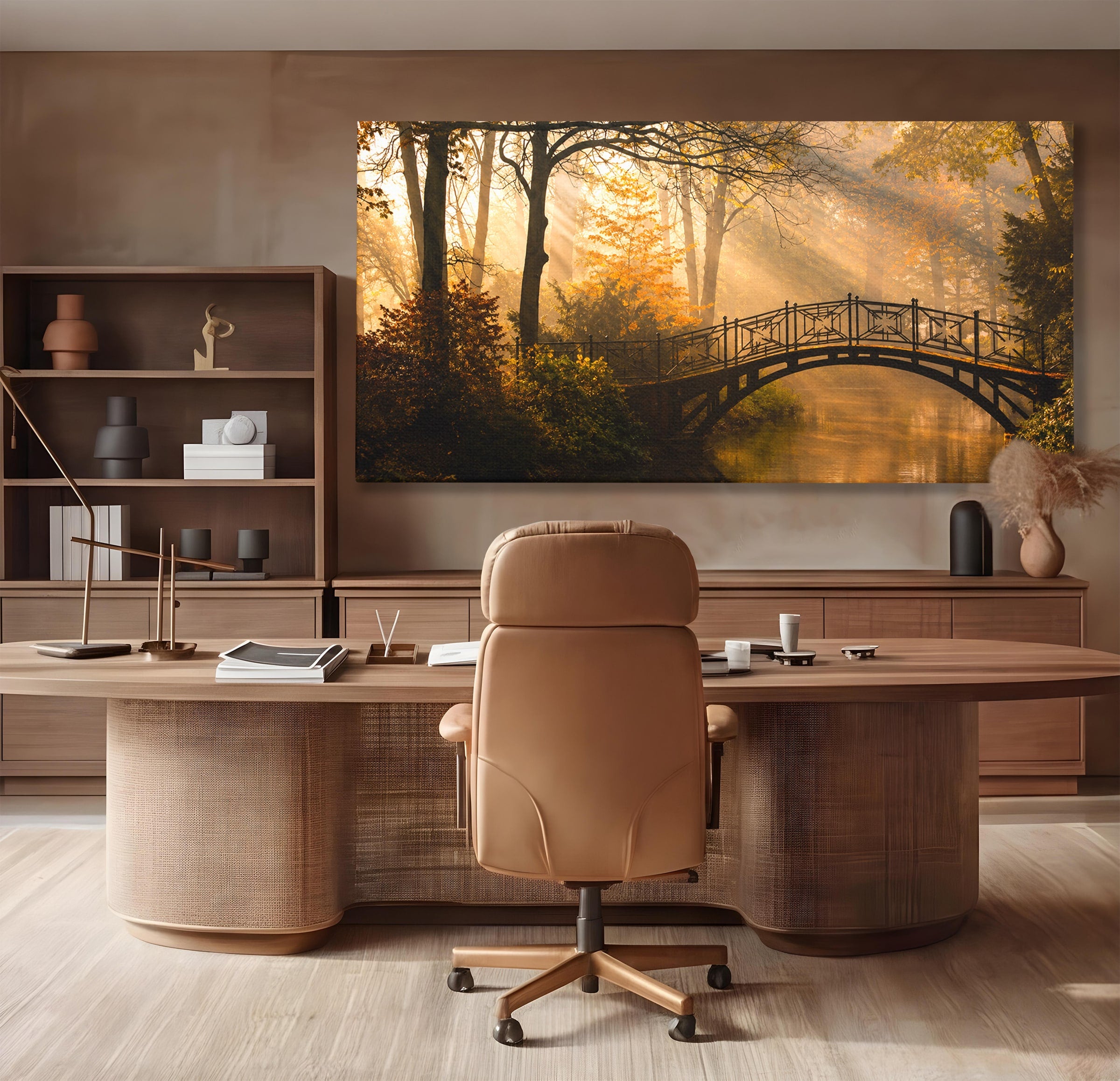 Tablou Canvas Premium LuxCanva® A1746, Pod Peste Râu In Padure, Pod, Rau, Padure, Peisaj, Toamna, Living, Dormitor, Culori Vibrante