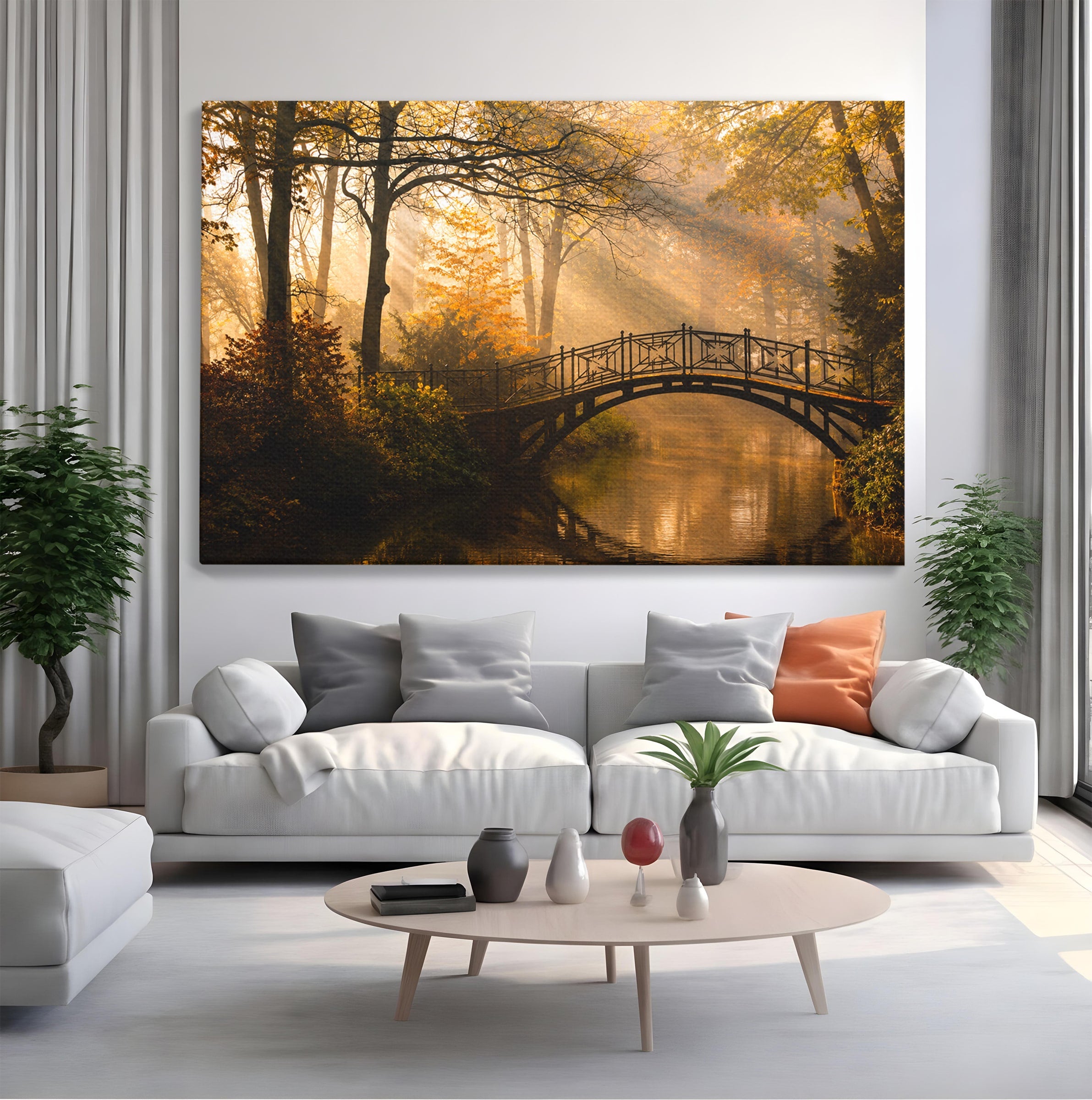 Tablou Canvas Premium LuxCanva® A1746, Pod Peste Râu In Padure, Pod, Rau, Padure, Peisaj, Toamna, Living, Dormitor, Culori Vibrante