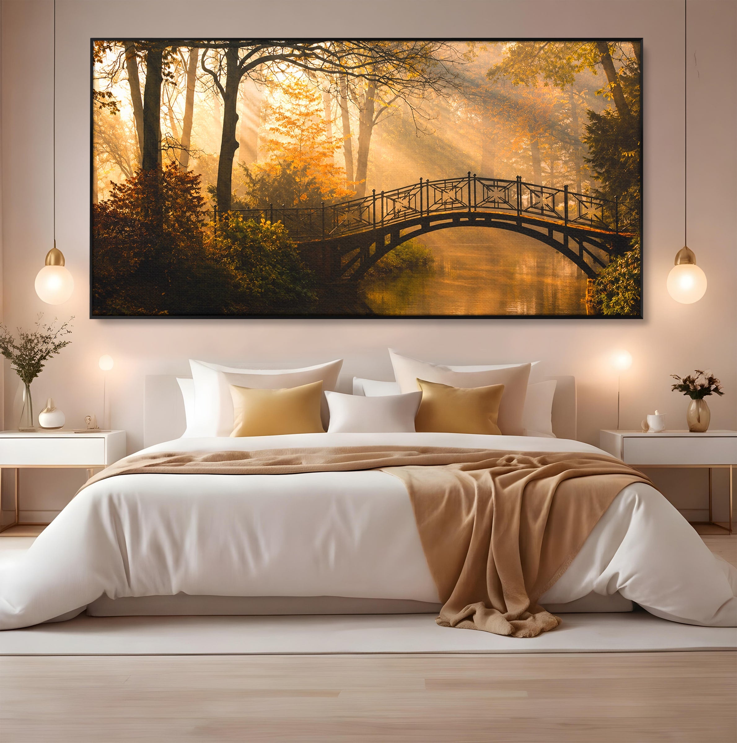 Tablou Canvas Premium LuxCanva® A1746, Pod Peste Râu In Padure, Pod, Rau, Padure, Peisaj, Toamna, Living, Dormitor, Culori Vibrante