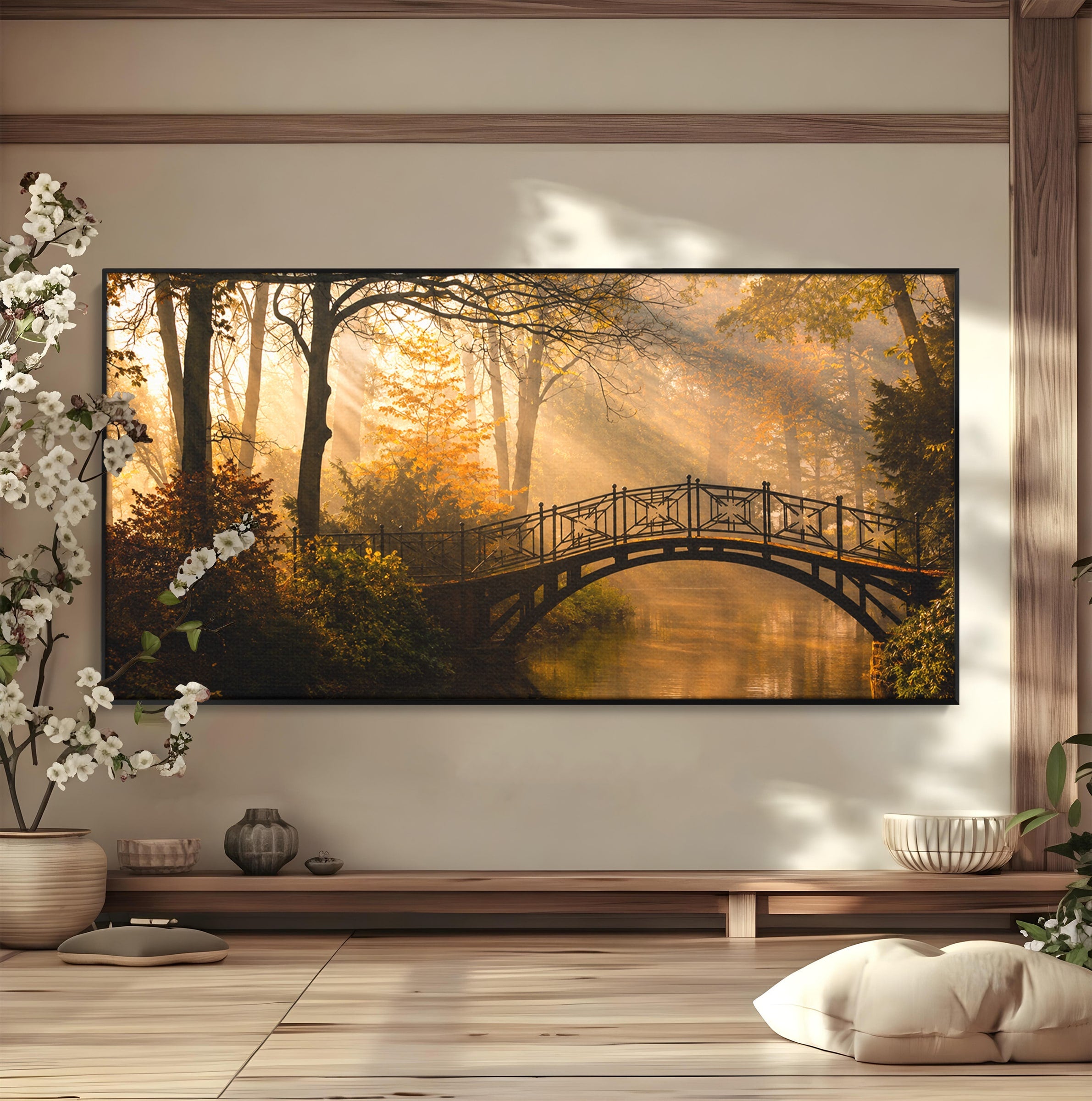 Tablou Canvas Premium LuxCanva® A1746, Pod Peste Râu In Padure, Pod, Rau, Padure, Peisaj, Toamna, Living, Dormitor, Culori Vibrante