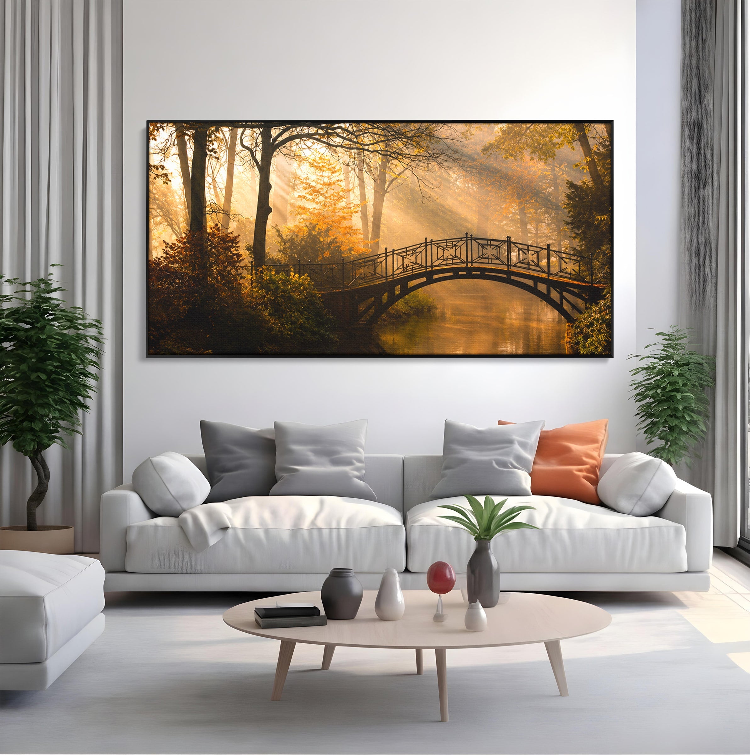 Tablou Canvas Premium LuxCanva® A1746, Pod Peste Râu In Padure, Pod, Rau, Padure, Peisaj, Toamna, Living, Dormitor, Culori Vibrante