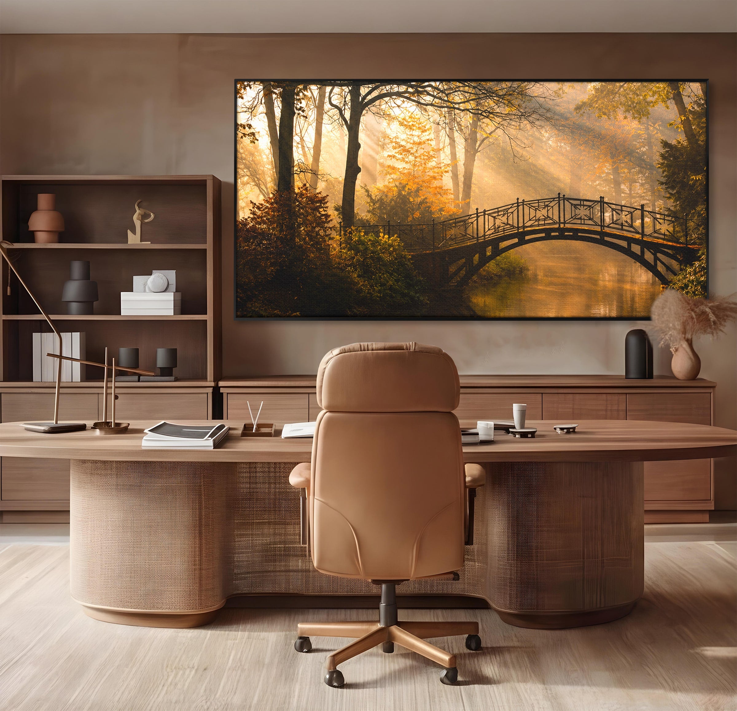Tablou Canvas Premium LuxCanva® A1746, Pod Peste Râu In Padure, Pod, Rau, Padure, Peisaj, Toamna, Living, Dormitor, Culori Vibrante