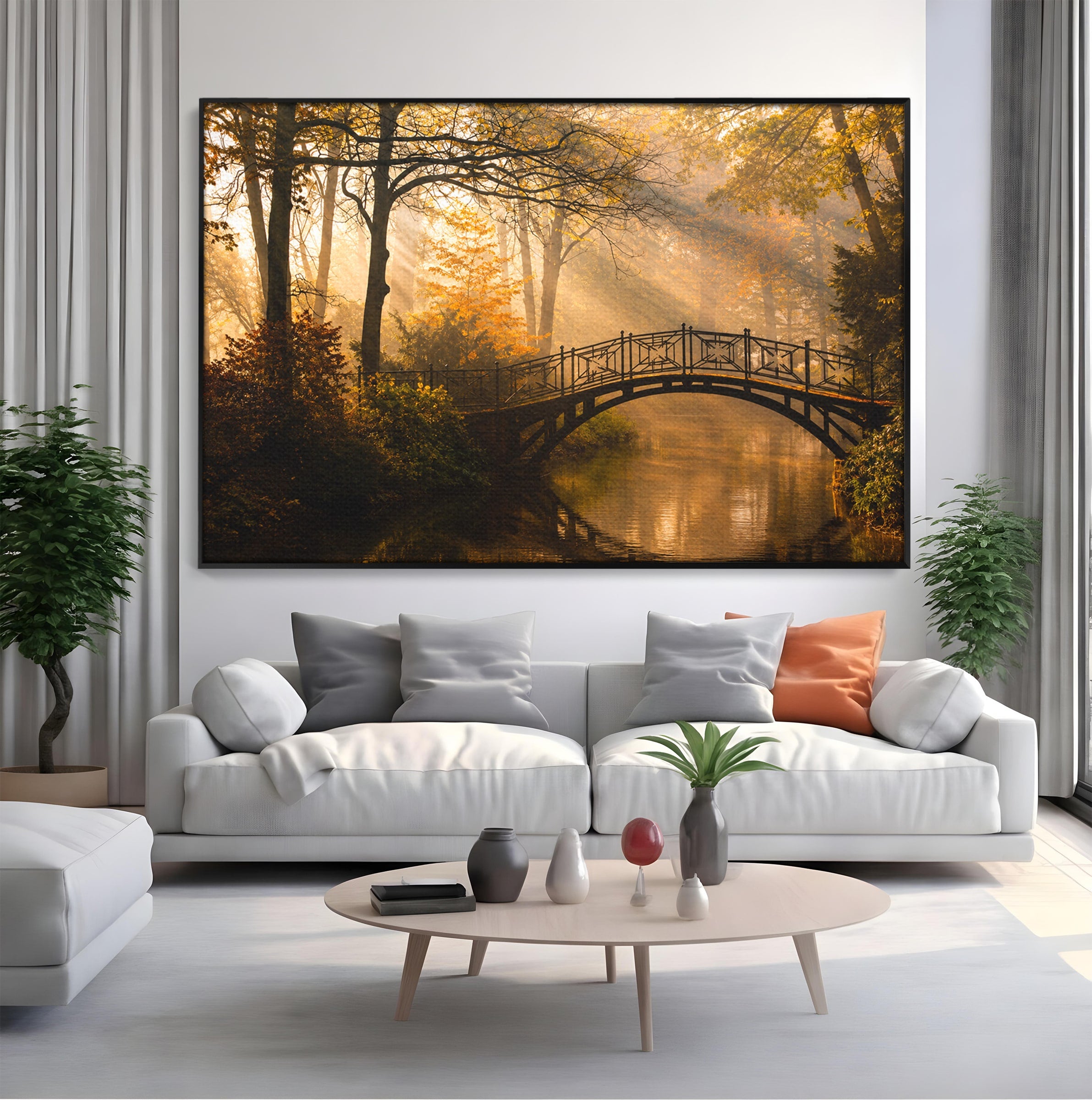 Tablou Canvas Premium LuxCanva® A1746, Pod Peste Râu In Padure, Pod, Rau, Padure, Peisaj, Toamna, Living, Dormitor, Culori Vibrante