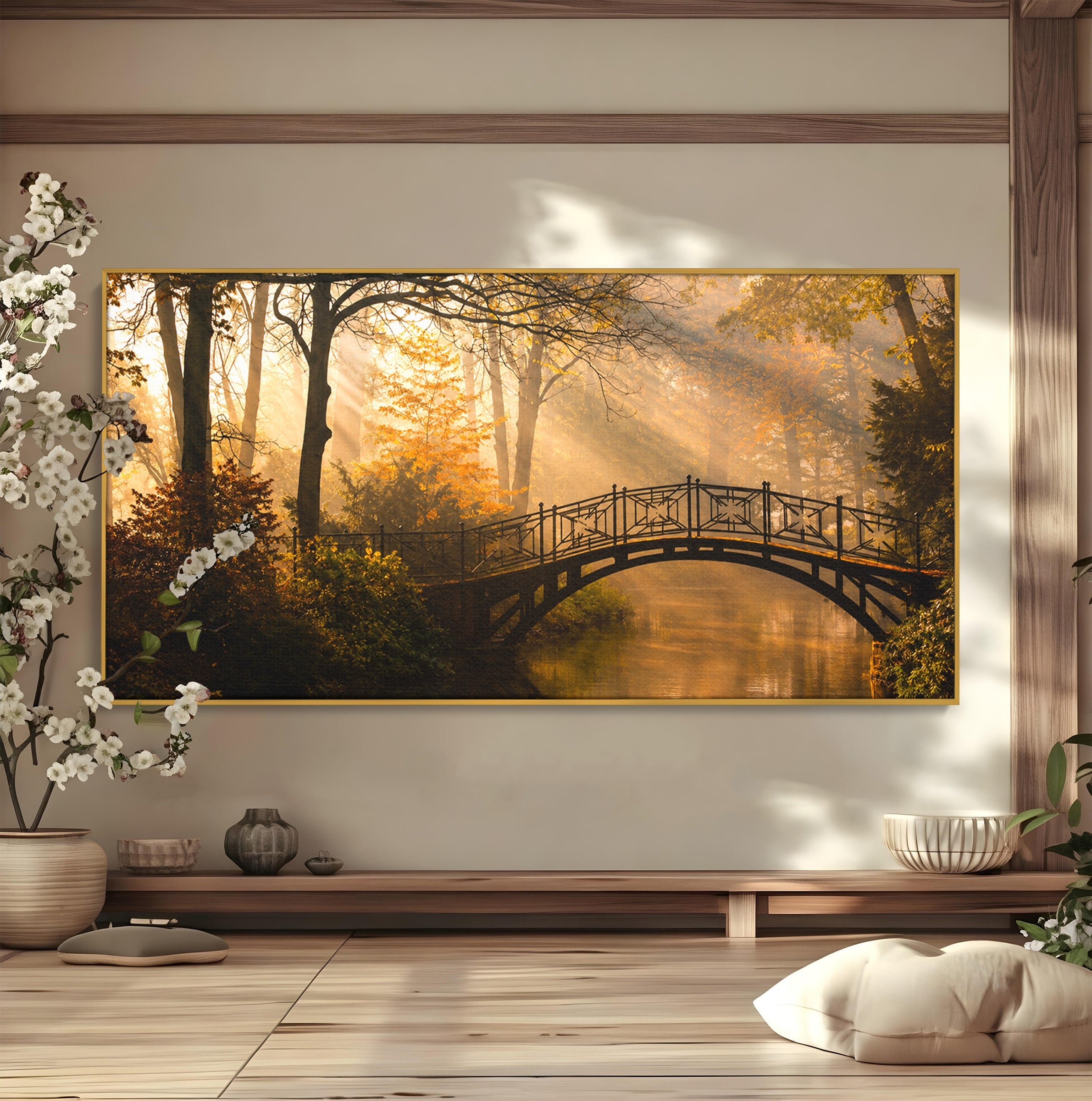Tablou Canvas Premium LuxCanva® A1746, Pod Peste Râu In Padure, Pod, Rau, Padure, Peisaj, Toamna, Living, Dormitor, Culori Vibrante