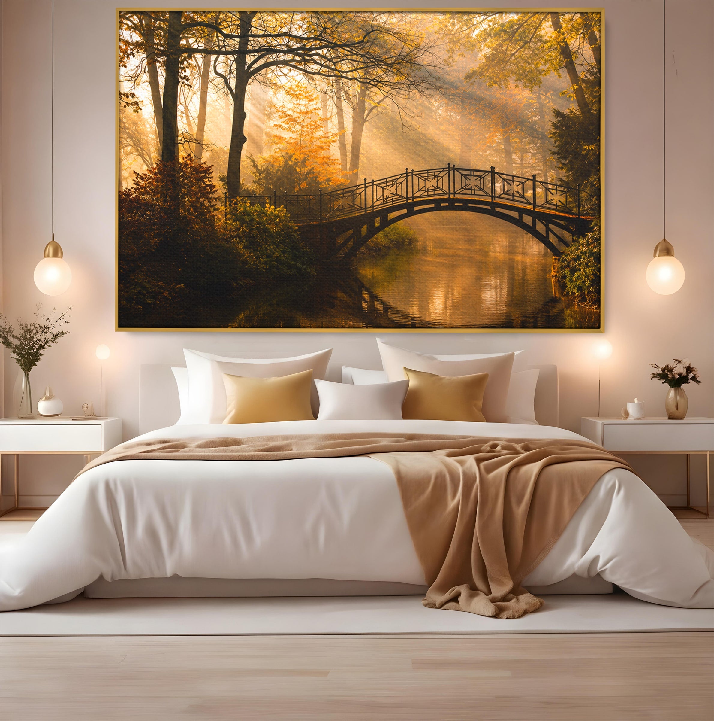 Tablou Canvas Premium LuxCanva® A1746, Pod Peste Râu In Padure, Pod, Rau, Padure, Peisaj, Toamna, Living, Dormitor, Culori Vibrante
