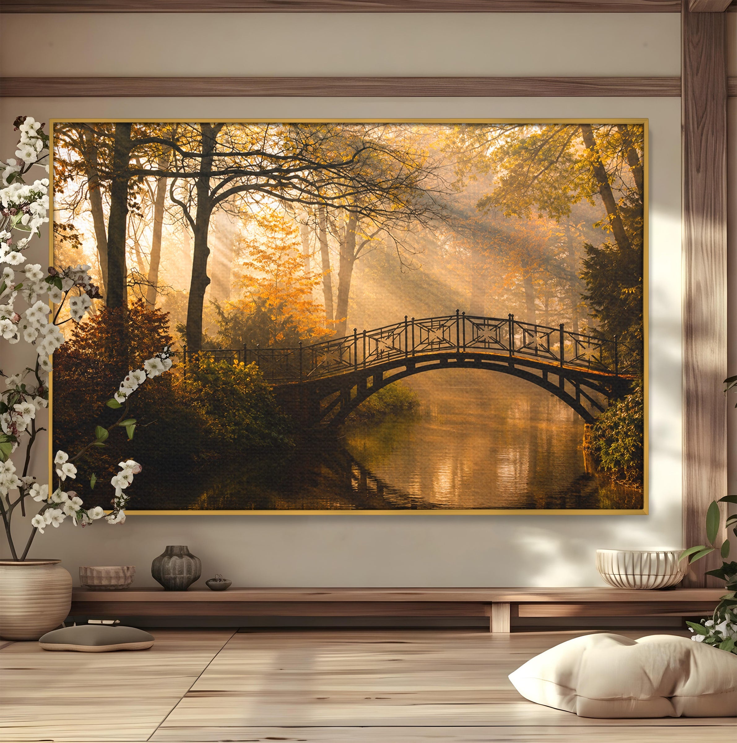 Tablou Canvas Premium LuxCanva® A1746, Pod Peste Râu In Padure, Pod, Rau, Padure, Peisaj, Toamna, Living, Dormitor, Culori Vibrante