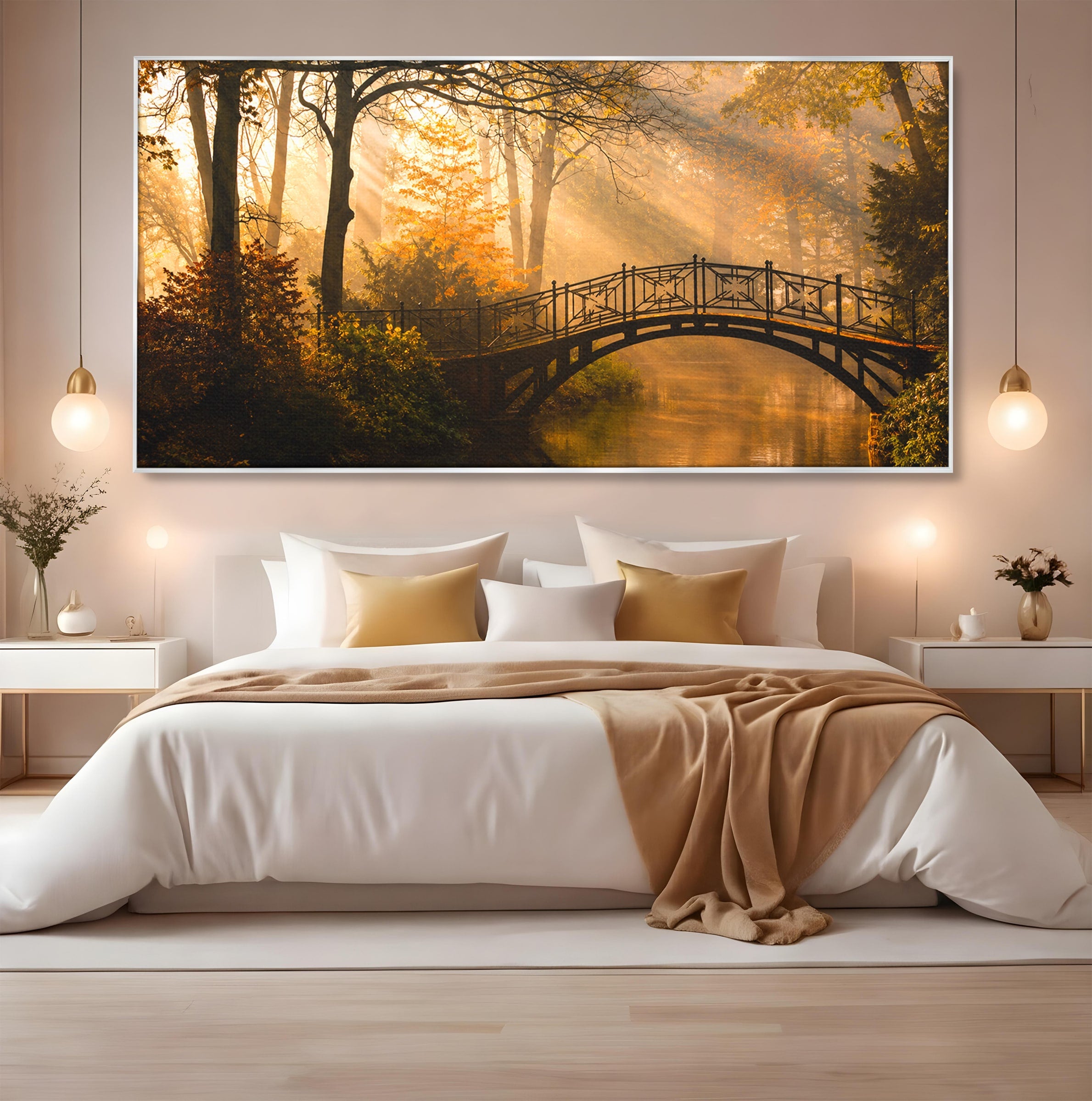 Tablou Canvas Premium LuxCanva® A1746, Pod Peste Râu In Padure, Pod, Rau, Padure, Peisaj, Toamna, Living, Dormitor, Culori Vibrante