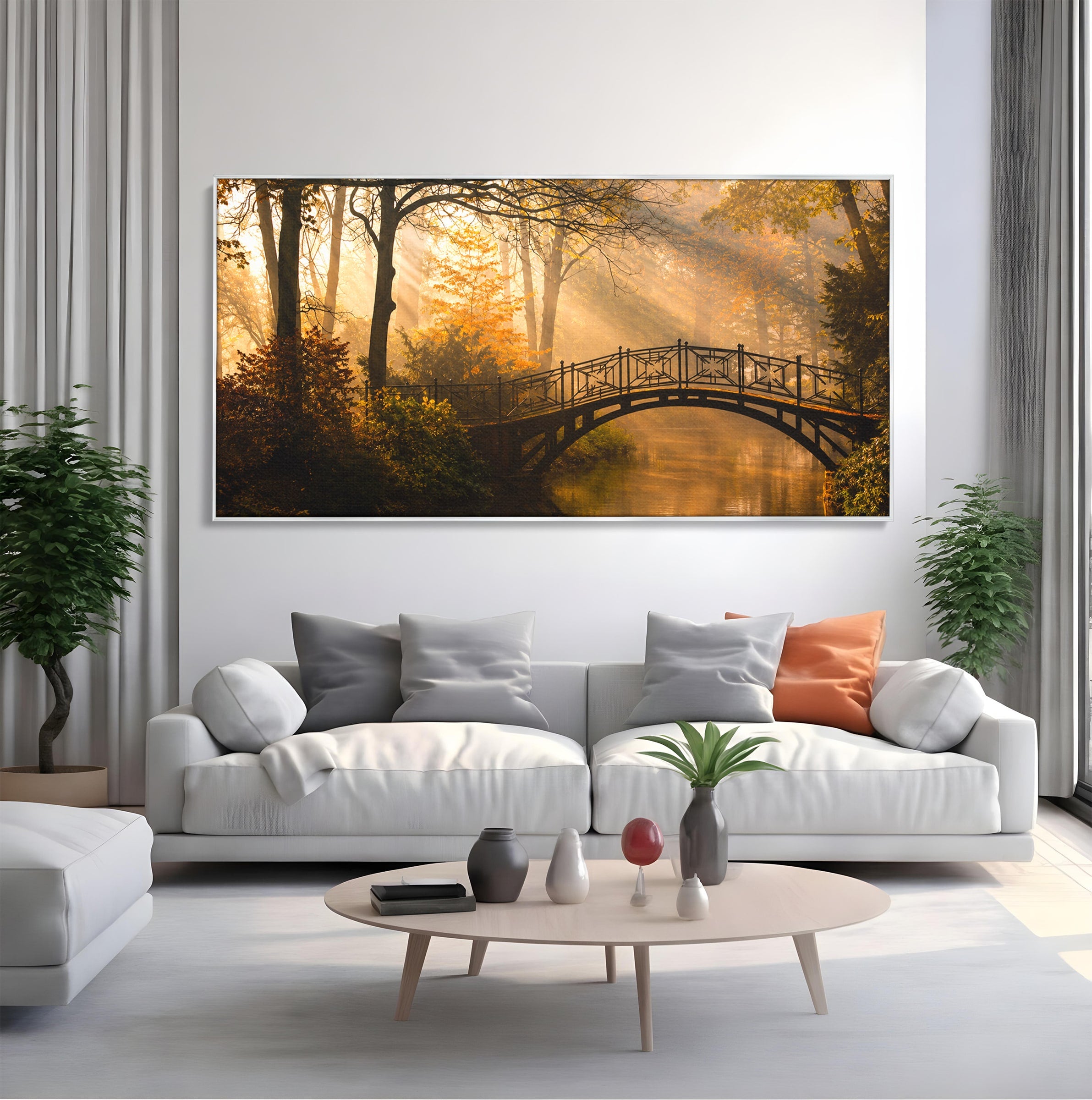 Tablou Canvas Premium LuxCanva® A1746, Pod Peste Râu In Padure, Pod, Rau, Padure, Peisaj, Toamna, Living, Dormitor, Culori Vibrante