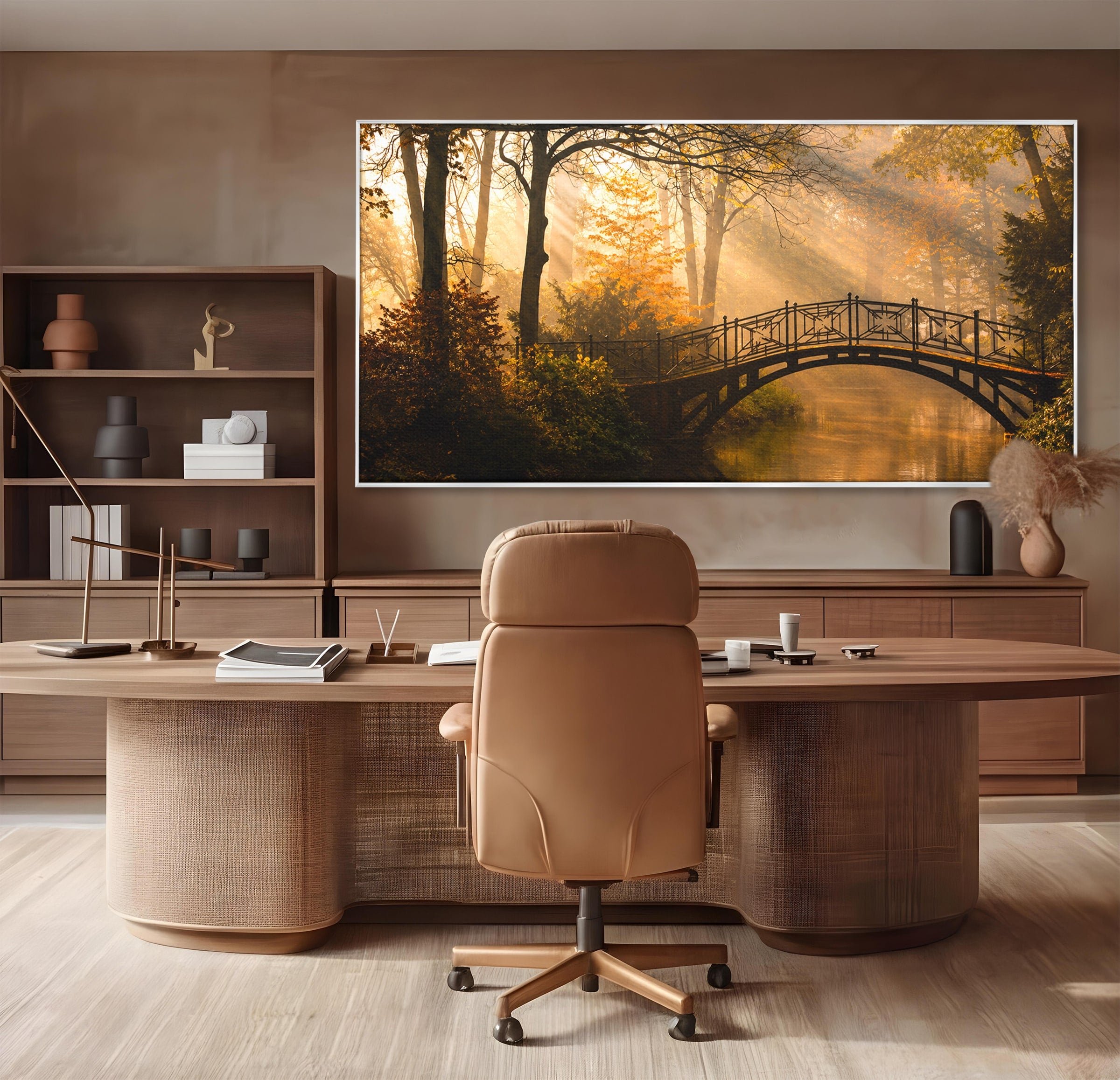 Tablou Canvas Premium LuxCanva® A1746, Pod Peste Râu In Padure, Pod, Rau, Padure, Peisaj, Toamna, Living, Dormitor, Culori Vibrante