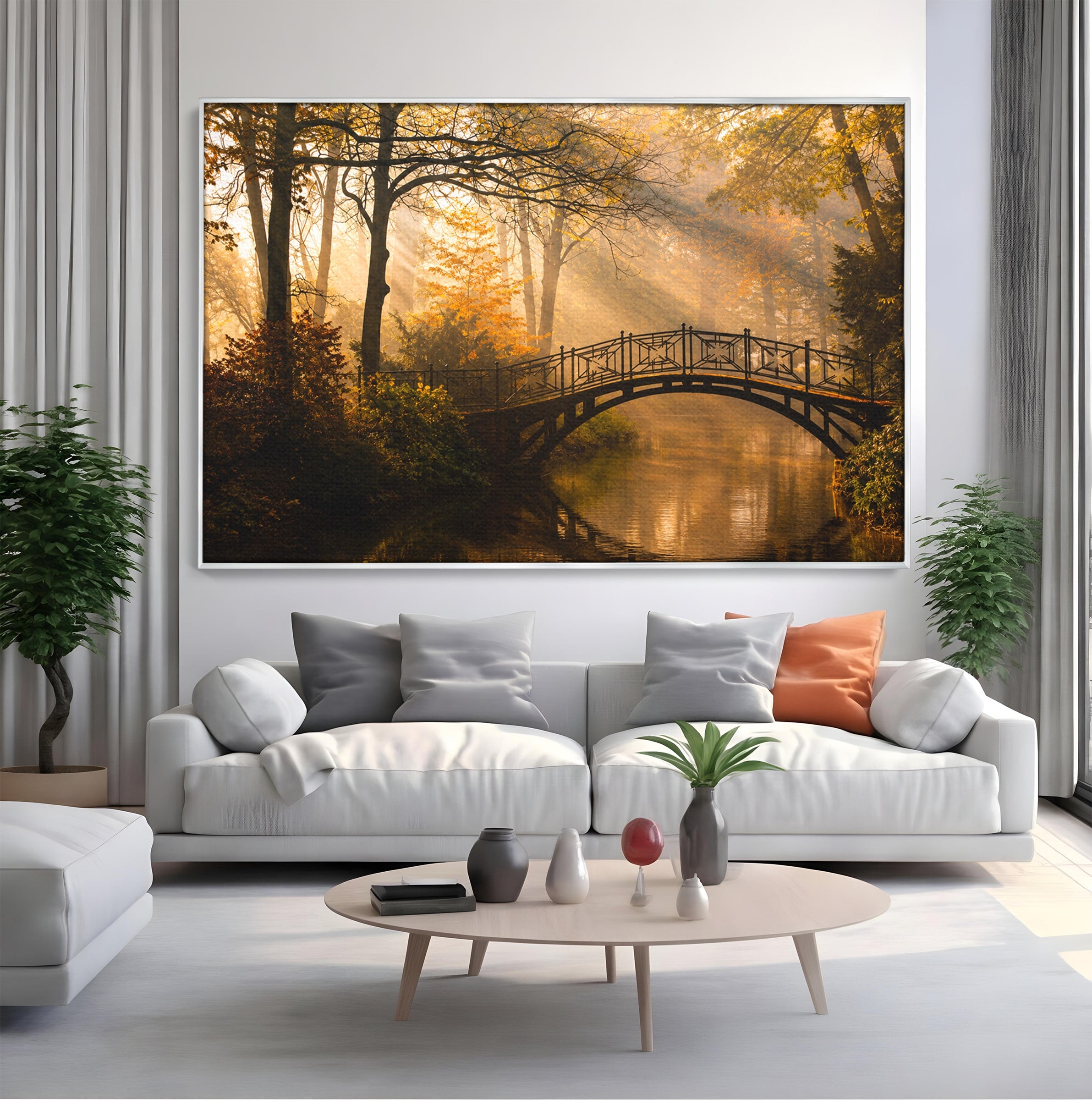 Tablou Canvas Premium LuxCanva® A1746, Pod Peste Râu In Padure, Pod, Rau, Padure, Peisaj, Toamna, Living, Dormitor, Culori Vibrante