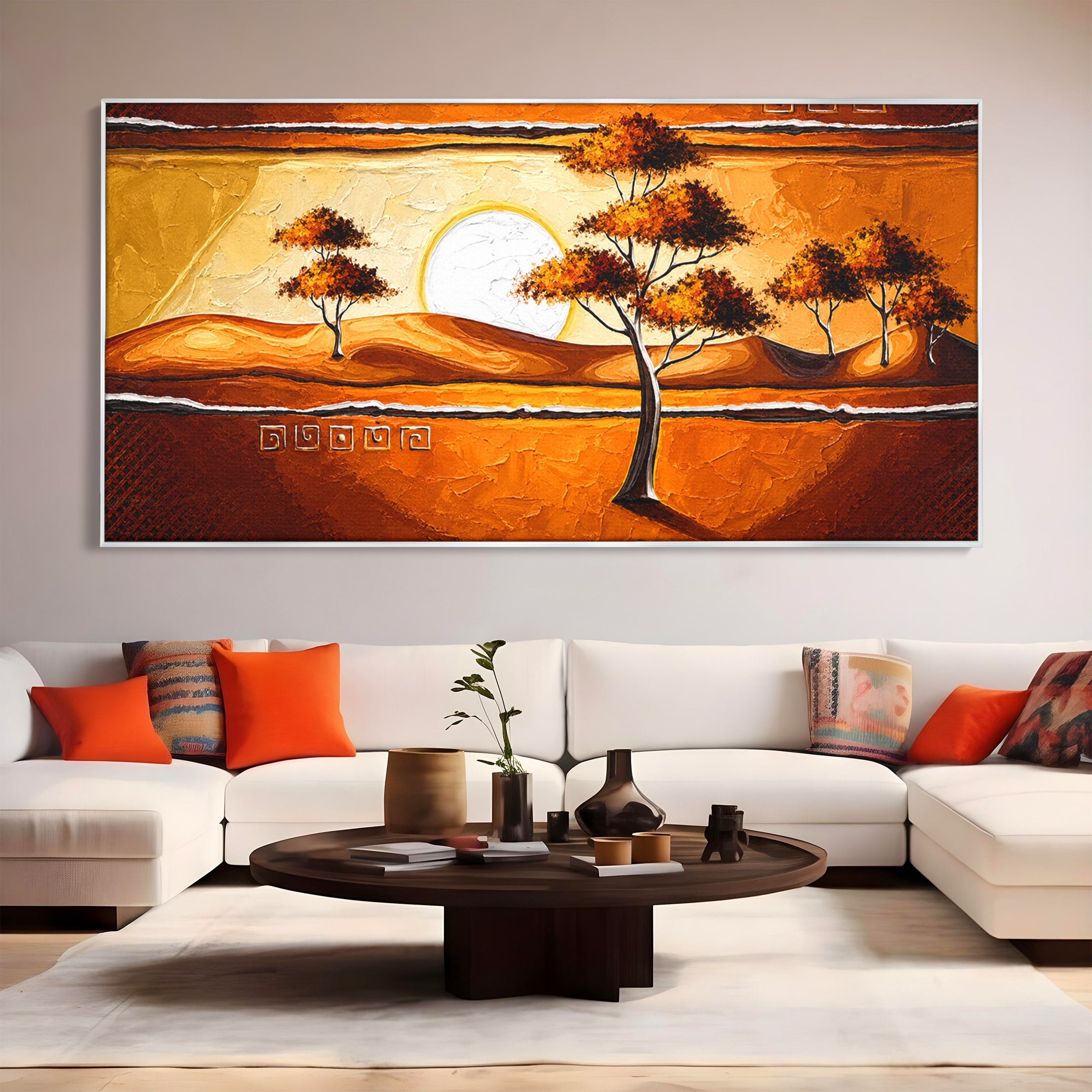 Tablou Canvas Premium LuxCanva® A1749, Apus African, Apus, Copaci, Peisaj, Desert, Living, Culori Vibrante