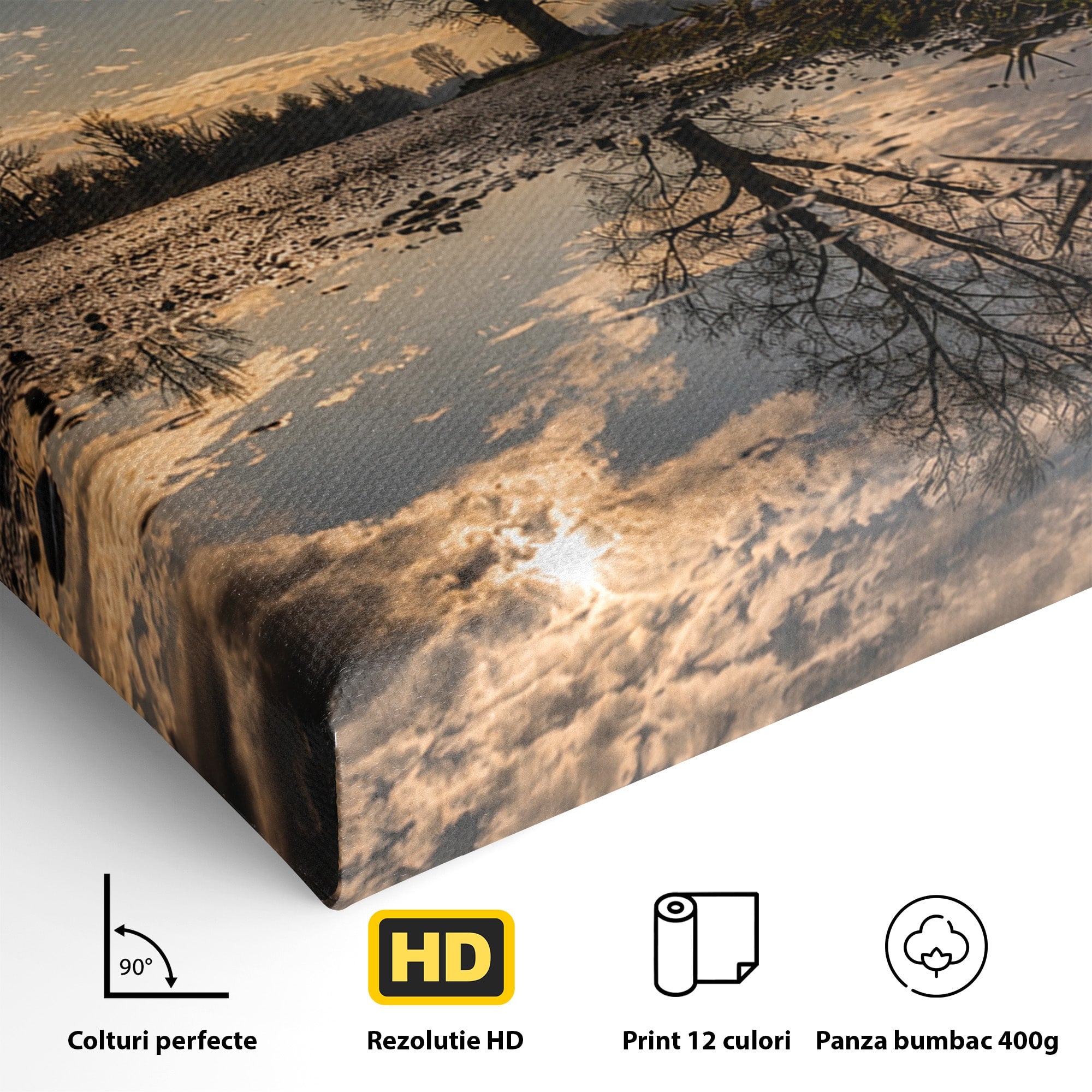 Tablou Canvas Premium LuxCanva® A1750, Reflexii In Apus, Apus, Reflexii, Peisaj, Copac, Living, Natura, Culori Vibrante
