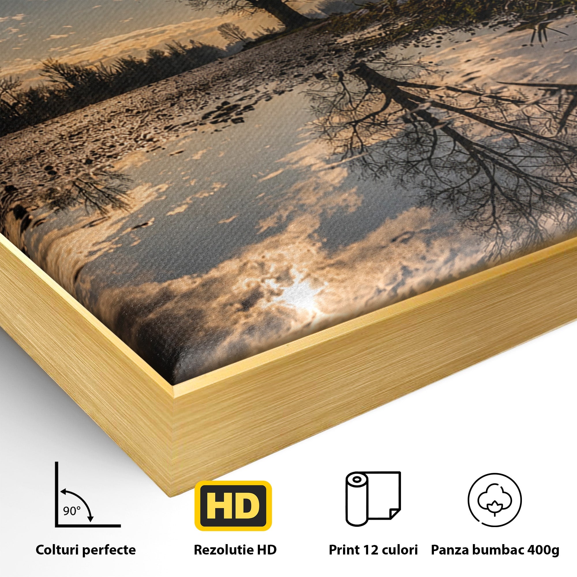 Tablou Canvas Premium LuxCanva® A1750, Reflexii In Apus, Apus, Reflexii, Peisaj, Copac, Living, Natura, Culori Vibrante