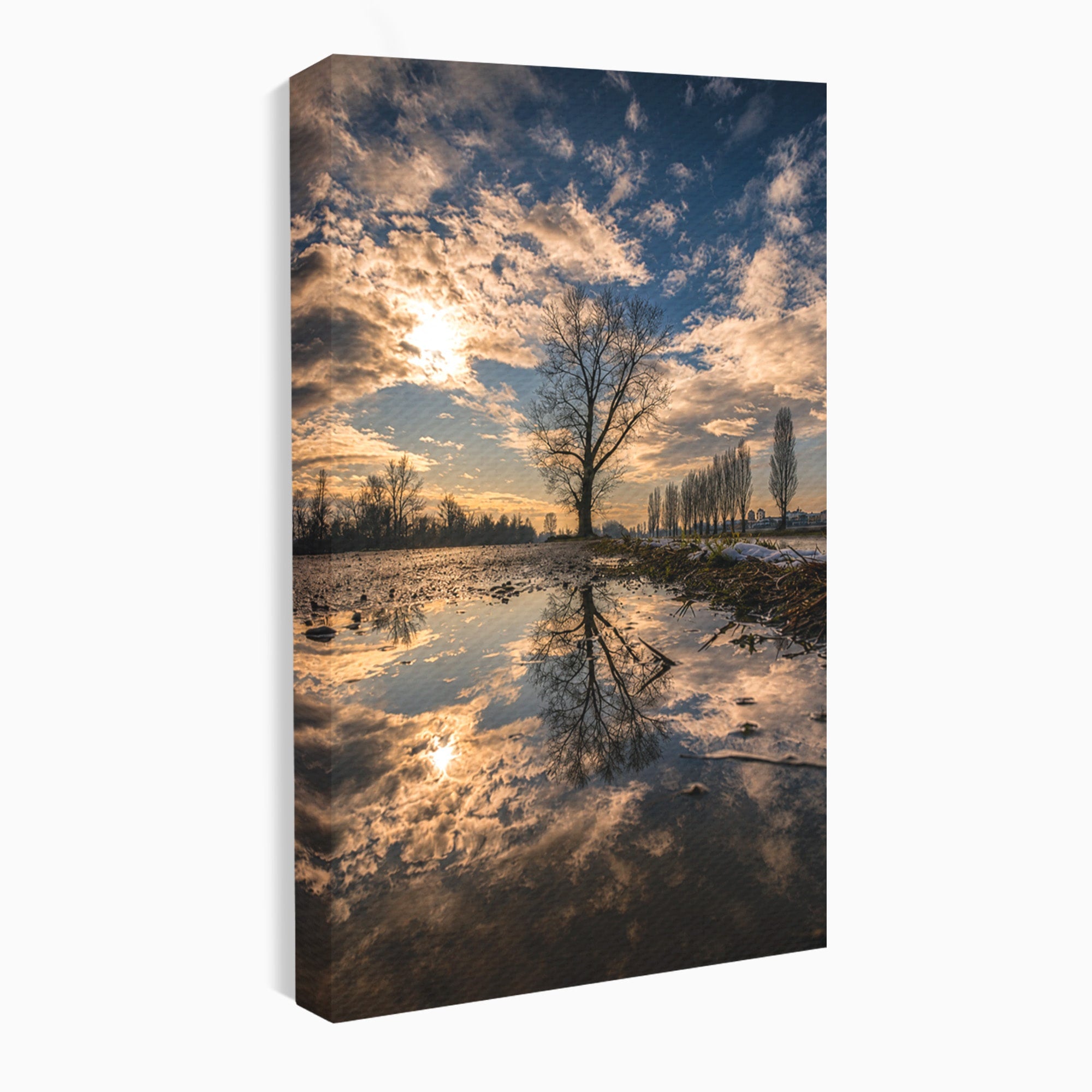Tablou Canvas Premium LuxCanva® A1750, Reflexii In Apus, Apus, Reflexii, Peisaj, Copac, Living, Natura, Culori Vibrante