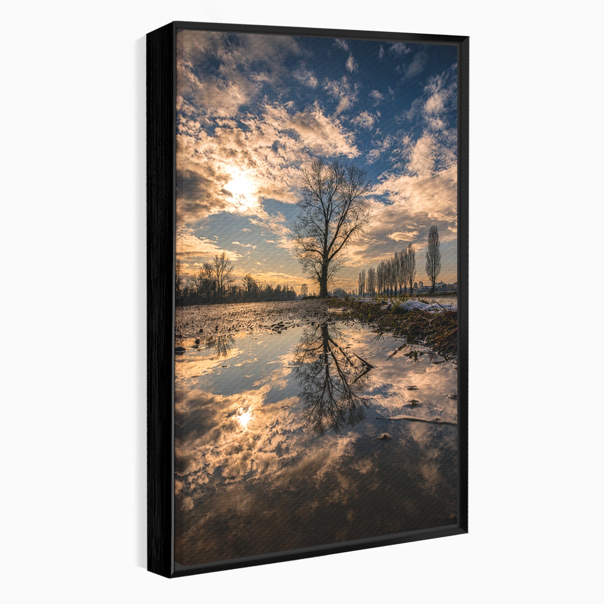 Tablou Canvas Premium LuxCanva® A1750, Reflexii In Apus, Apus, Reflexii, Peisaj, Copac, Living, Natura, Culori Vibrante