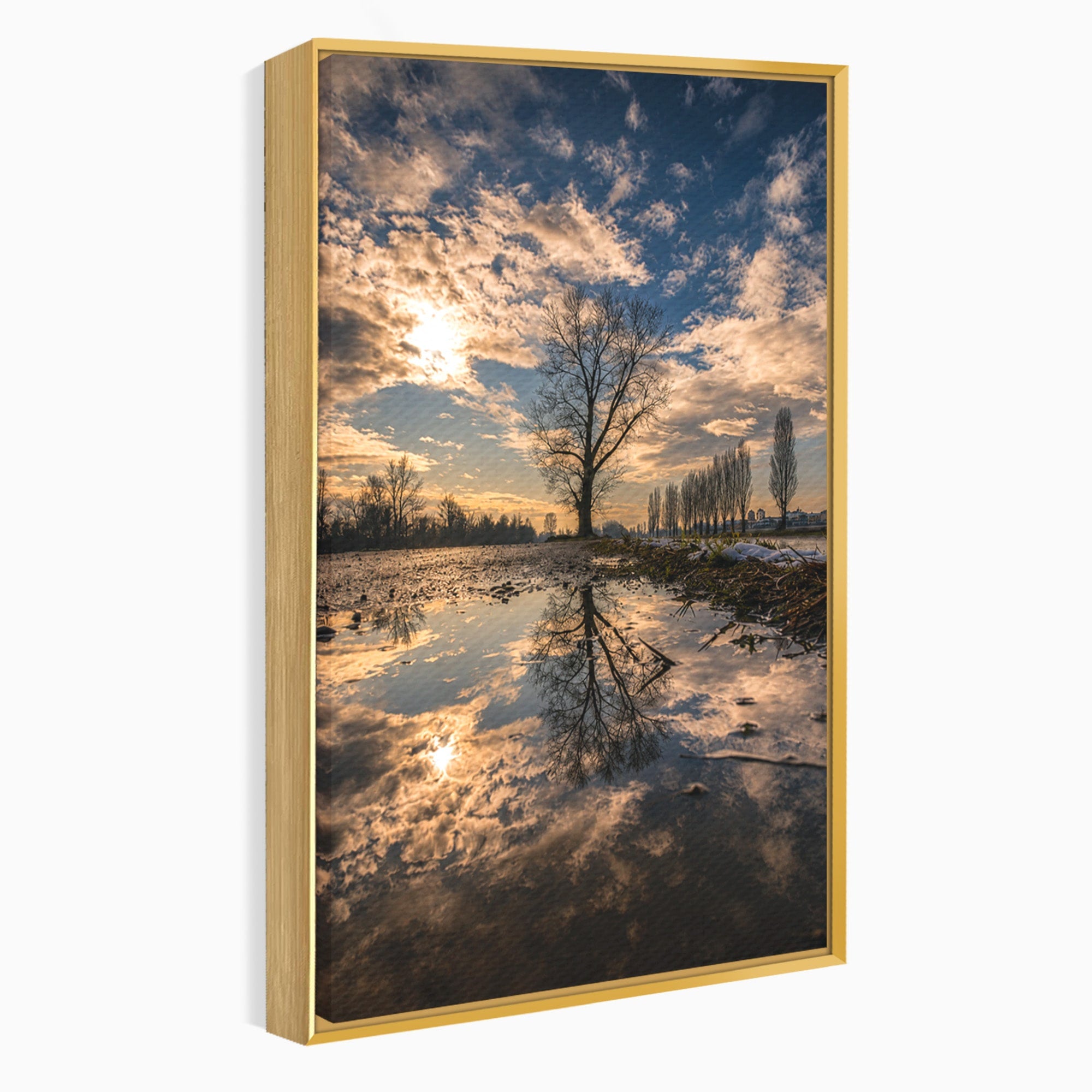 Tablou Canvas Premium LuxCanva® A1750, Reflexii In Apus, Apus, Reflexii, Peisaj, Copac, Living, Natura, Culori Vibrante