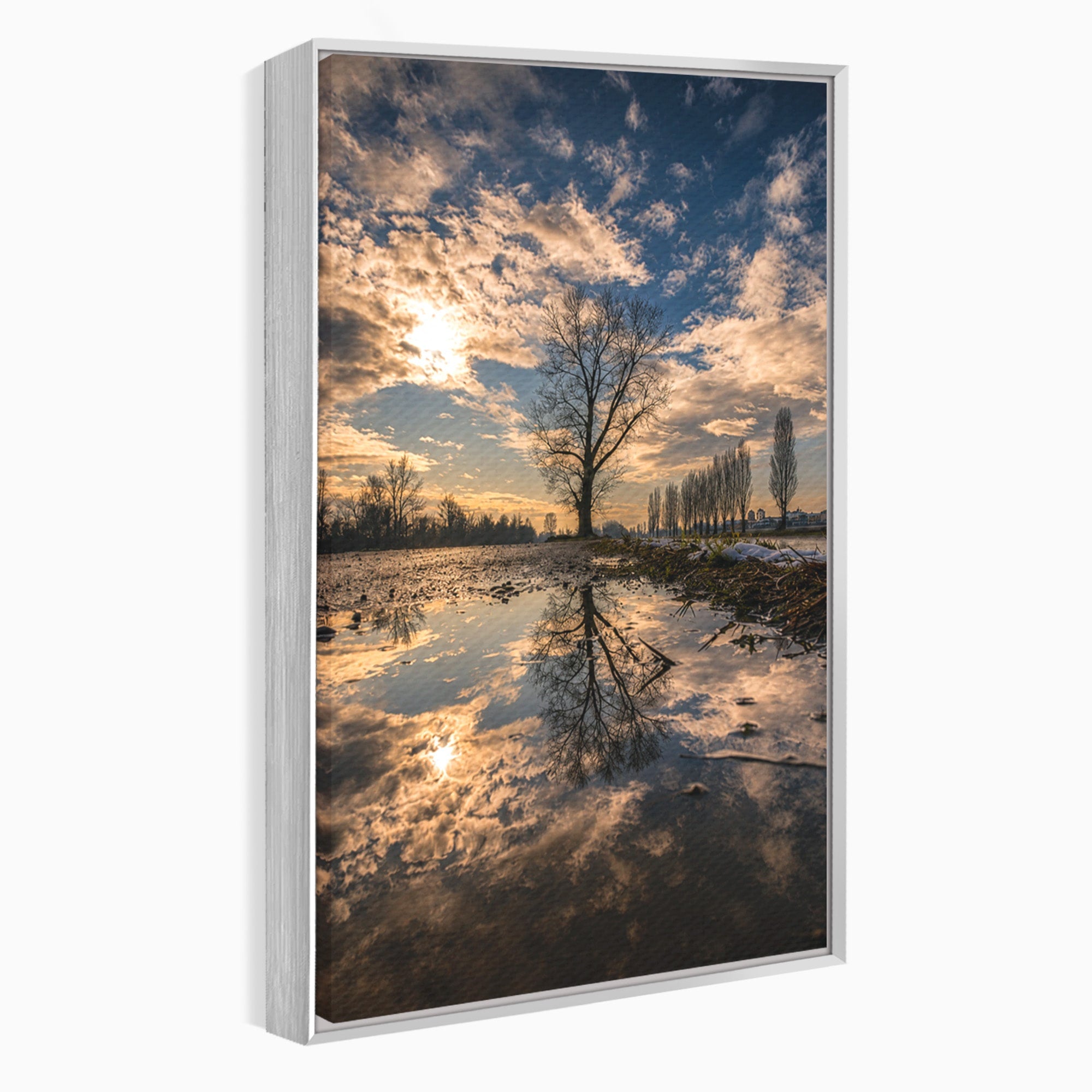 Tablou Canvas Premium LuxCanva® A1750, Reflexii In Apus, Apus, Reflexii, Peisaj, Copac, Living, Natura, Culori Vibrante