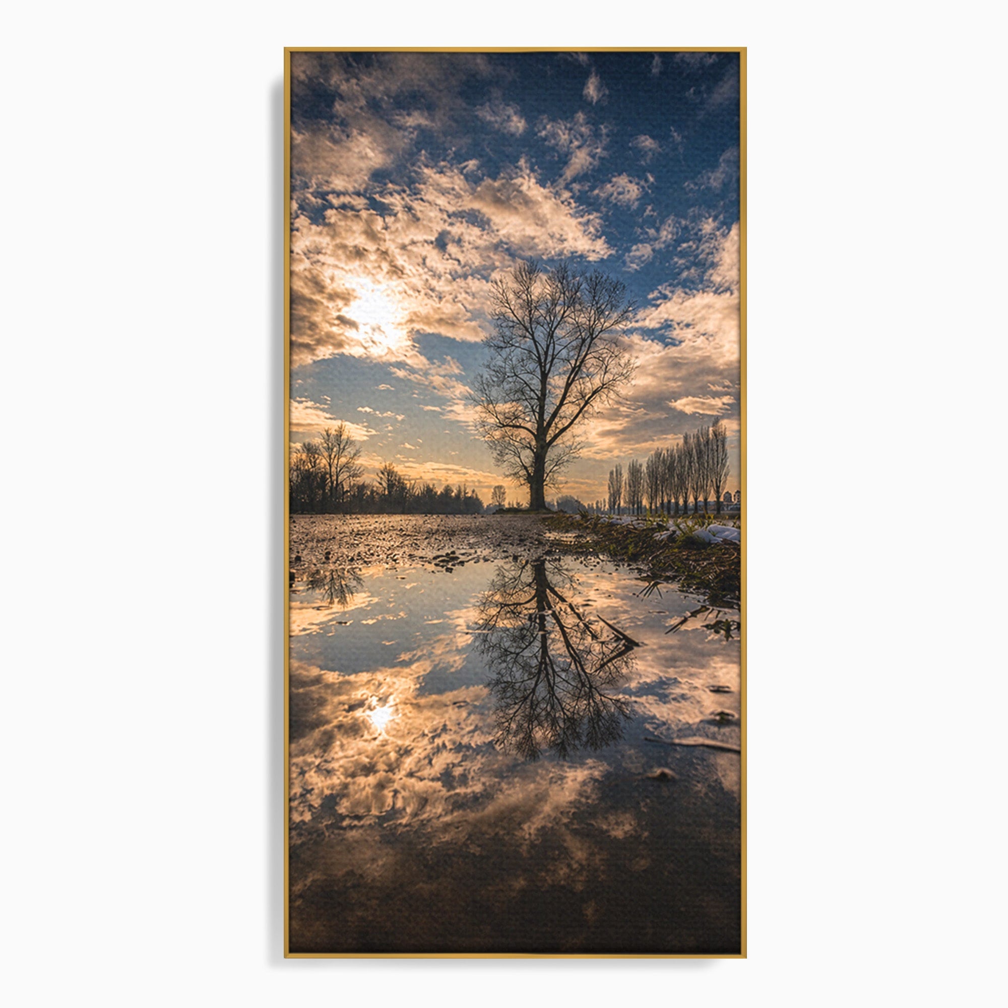Tablou Canvas Premium LuxCanva® A1750, Reflexii In Apus, Apus, Reflexii, Peisaj, Copac, Living, Natura, Culori Vibrante