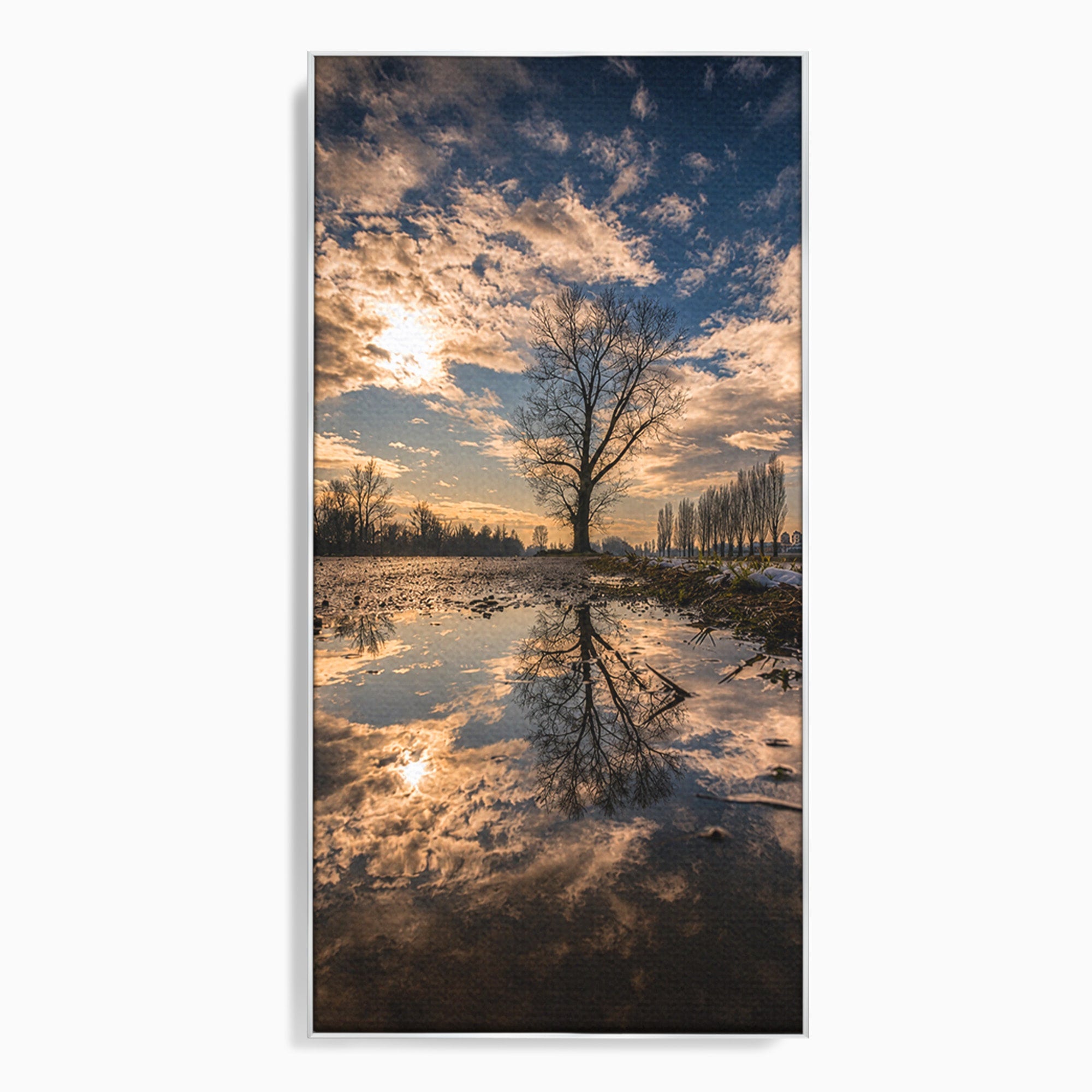 Tablou Canvas Premium LuxCanva® A1750, Reflexii In Apus, Apus, Reflexii, Peisaj, Copac, Living, Natura, Culori Vibrante