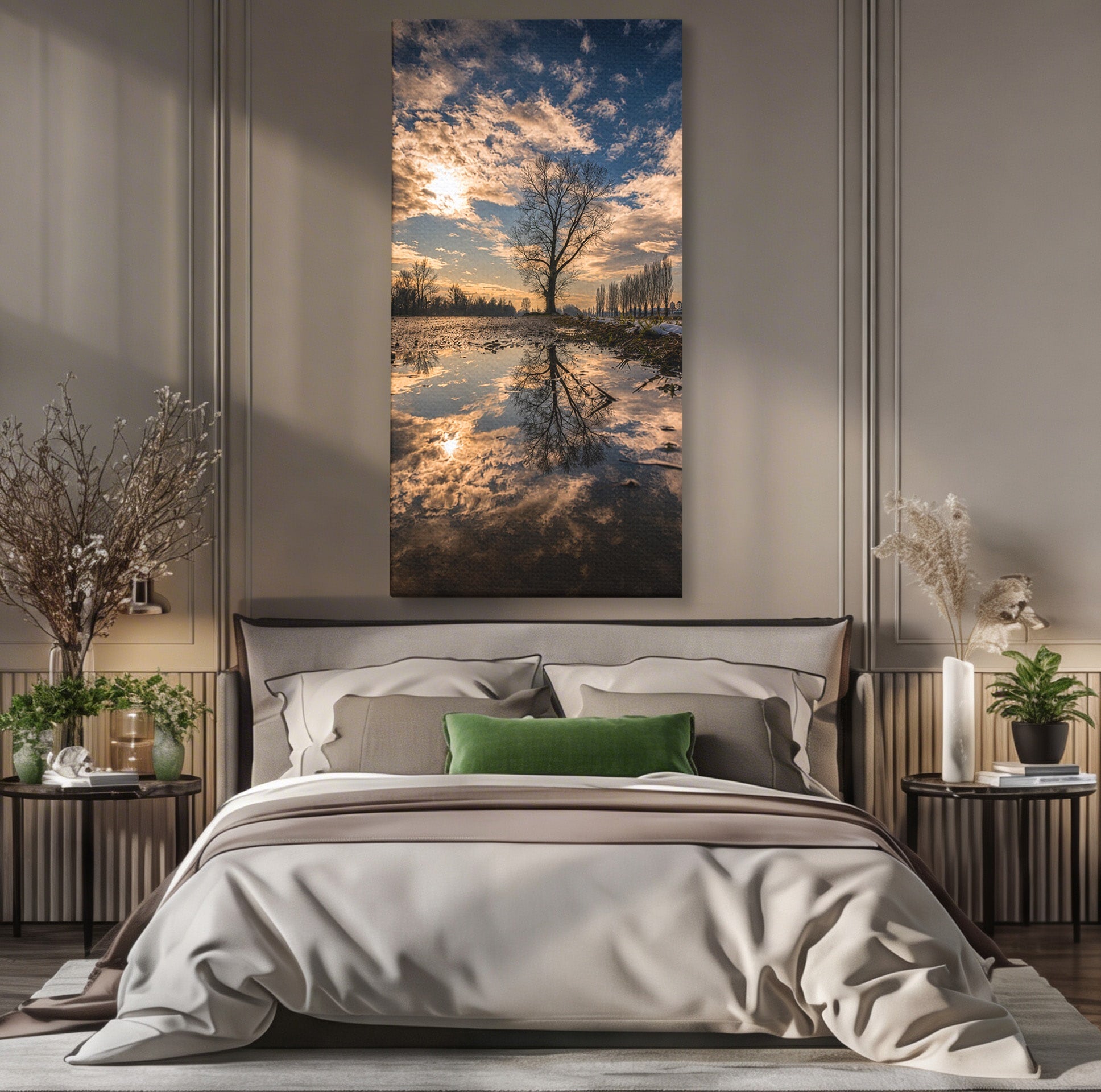 Tablou Canvas Premium LuxCanva® A1750, Reflexii In Apus, Apus, Reflexii, Peisaj, Copac, Living, Natura, Culori Vibrante