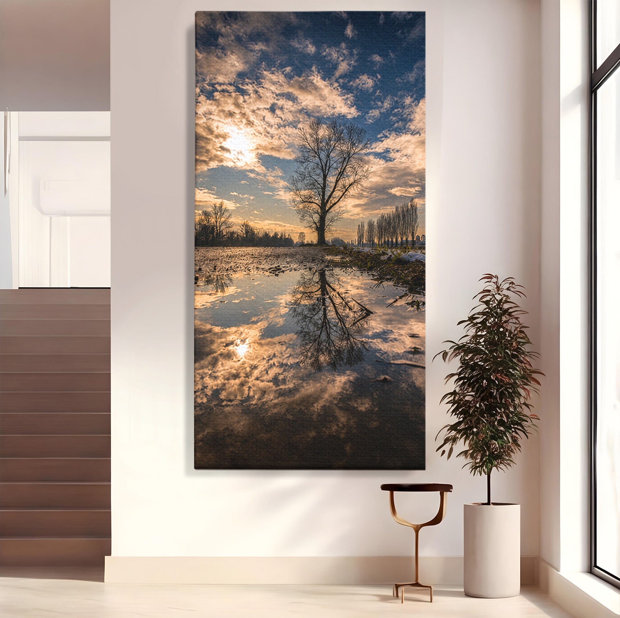 Tablou Canvas Premium LuxCanva® A1750, Reflexii In Apus, Apus, Reflexii, Peisaj, Copac, Living, Natura, Culori Vibrante