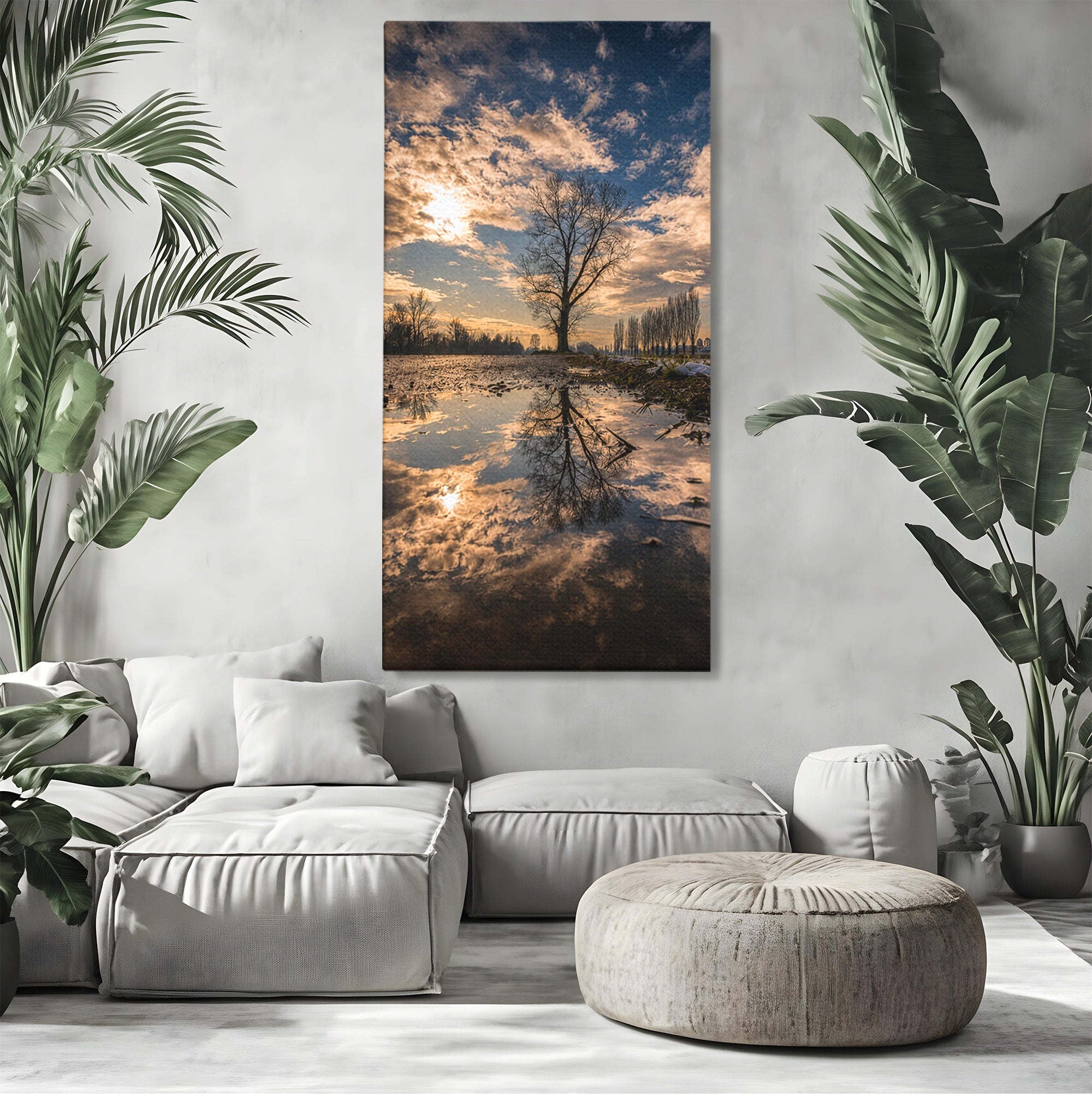 Tablou Canvas Premium LuxCanva® A1750, Reflexii In Apus, Apus, Reflexii, Peisaj, Copac, Living, Natura, Culori Vibrante