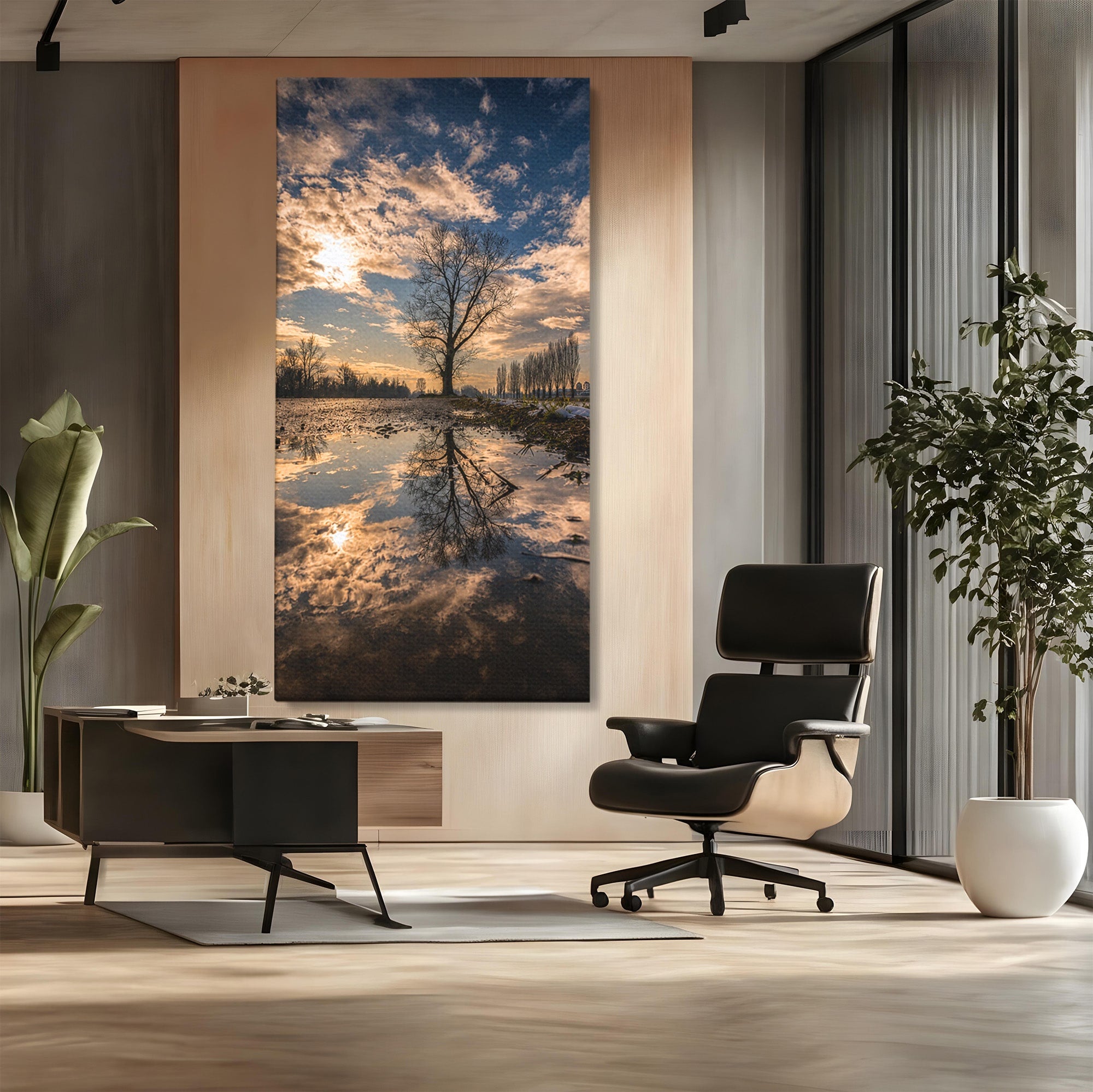 Tablou Canvas Premium LuxCanva® A1750, Reflexii In Apus, Apus, Reflexii, Peisaj, Copac, Living, Natura, Culori Vibrante