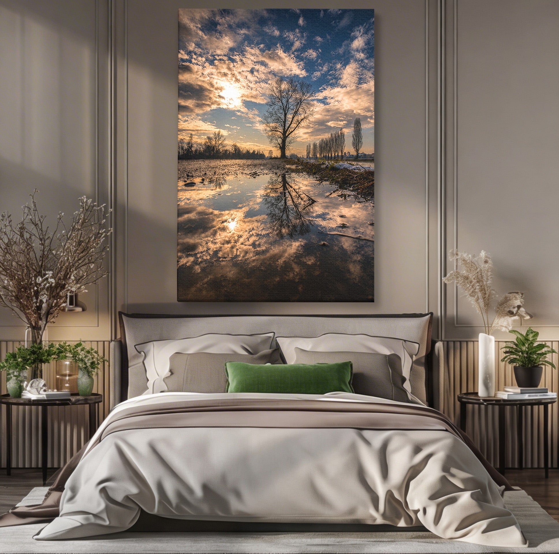 Tablou Canvas Premium LuxCanva® A1750, Reflexii In Apus, Apus, Reflexii, Peisaj, Copac, Living, Natura, Culori Vibrante