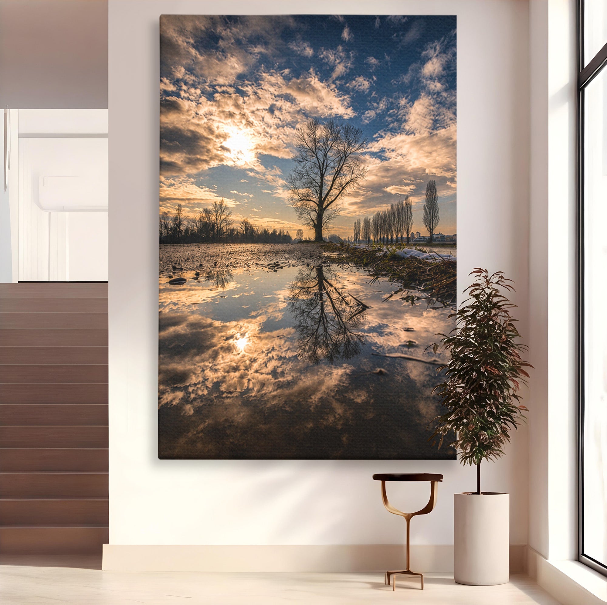 Tablou Canvas Premium LuxCanva® A1750, Reflexii In Apus, Apus, Reflexii, Peisaj, Copac, Living, Natura, Culori Vibrante