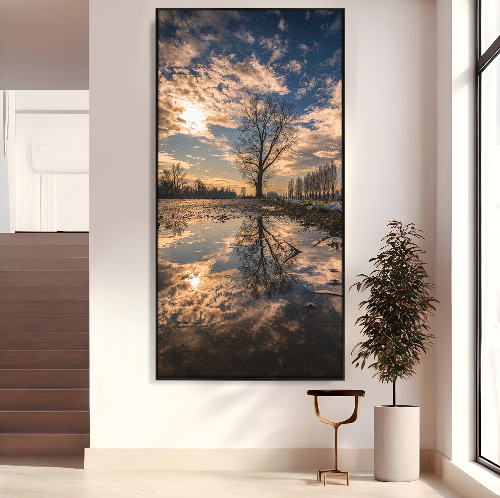 Tablou Canvas Premium LuxCanva® A1750, Reflexii In Apus, Apus, Reflexii, Peisaj, Copac, Living, Natura, Culori Vibrante
