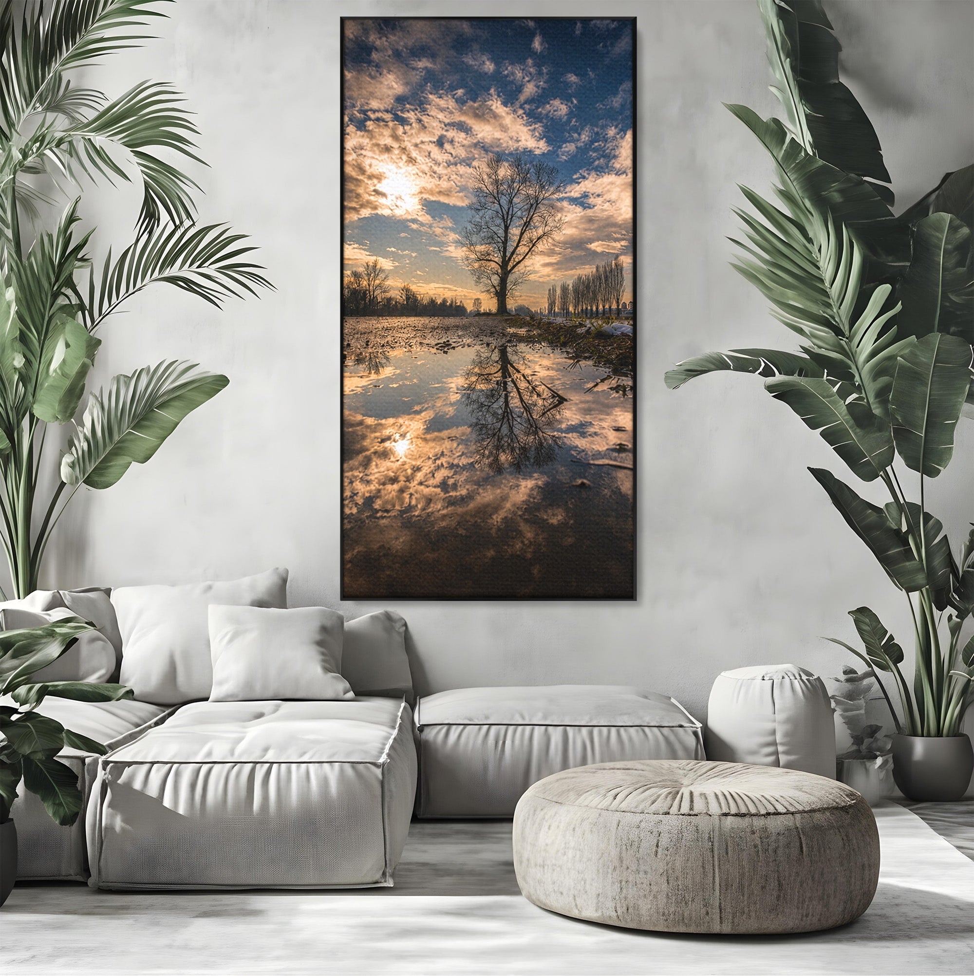 Tablou Canvas Premium LuxCanva® A1750, Reflexii In Apus, Apus, Reflexii, Peisaj, Copac, Living, Natura, Culori Vibrante